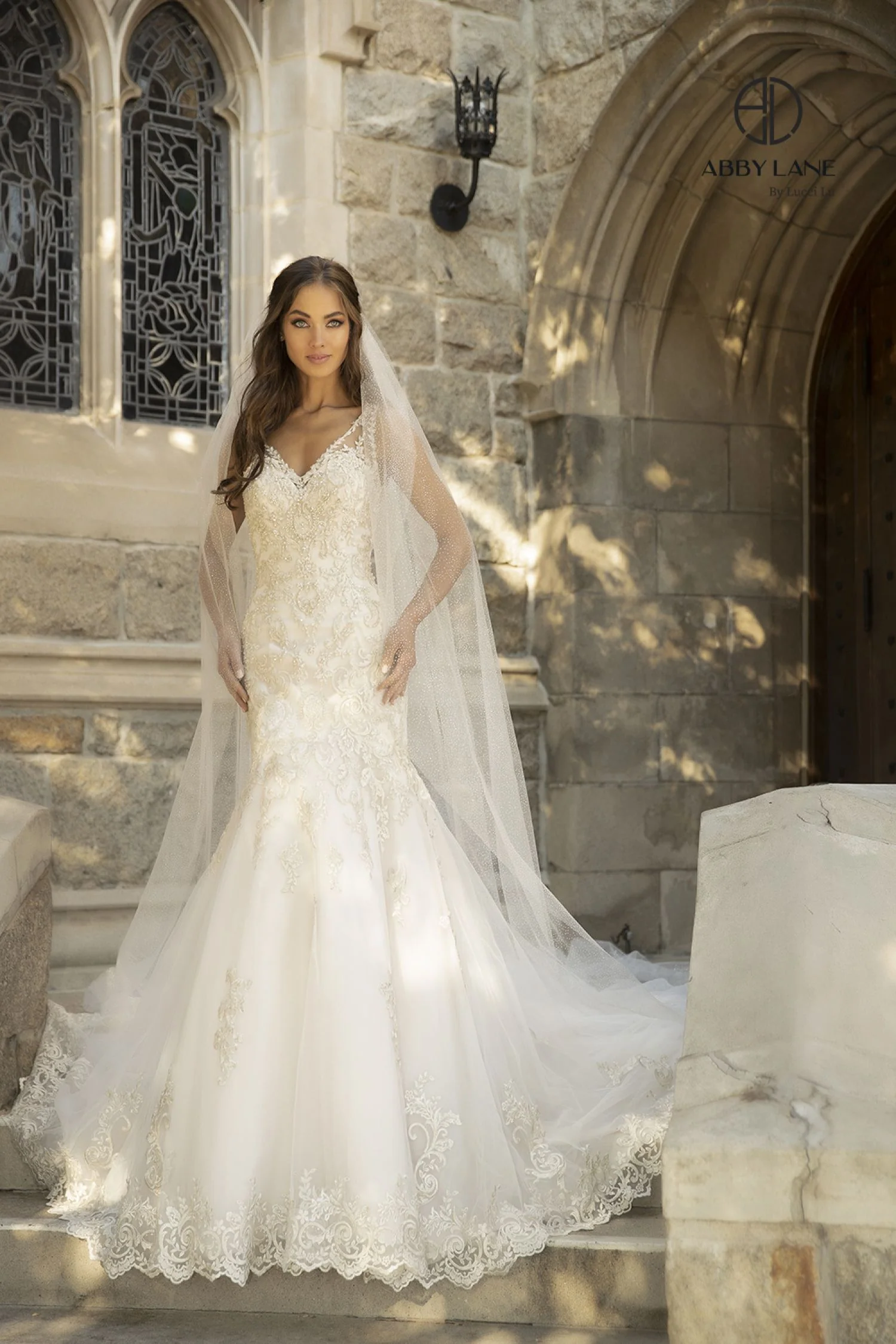 Abby Lane 97110 Size 4, 12 Ivory Champagne Lace Mermaid Wedding Dress Fit & Flare Bridal Gown Buttons