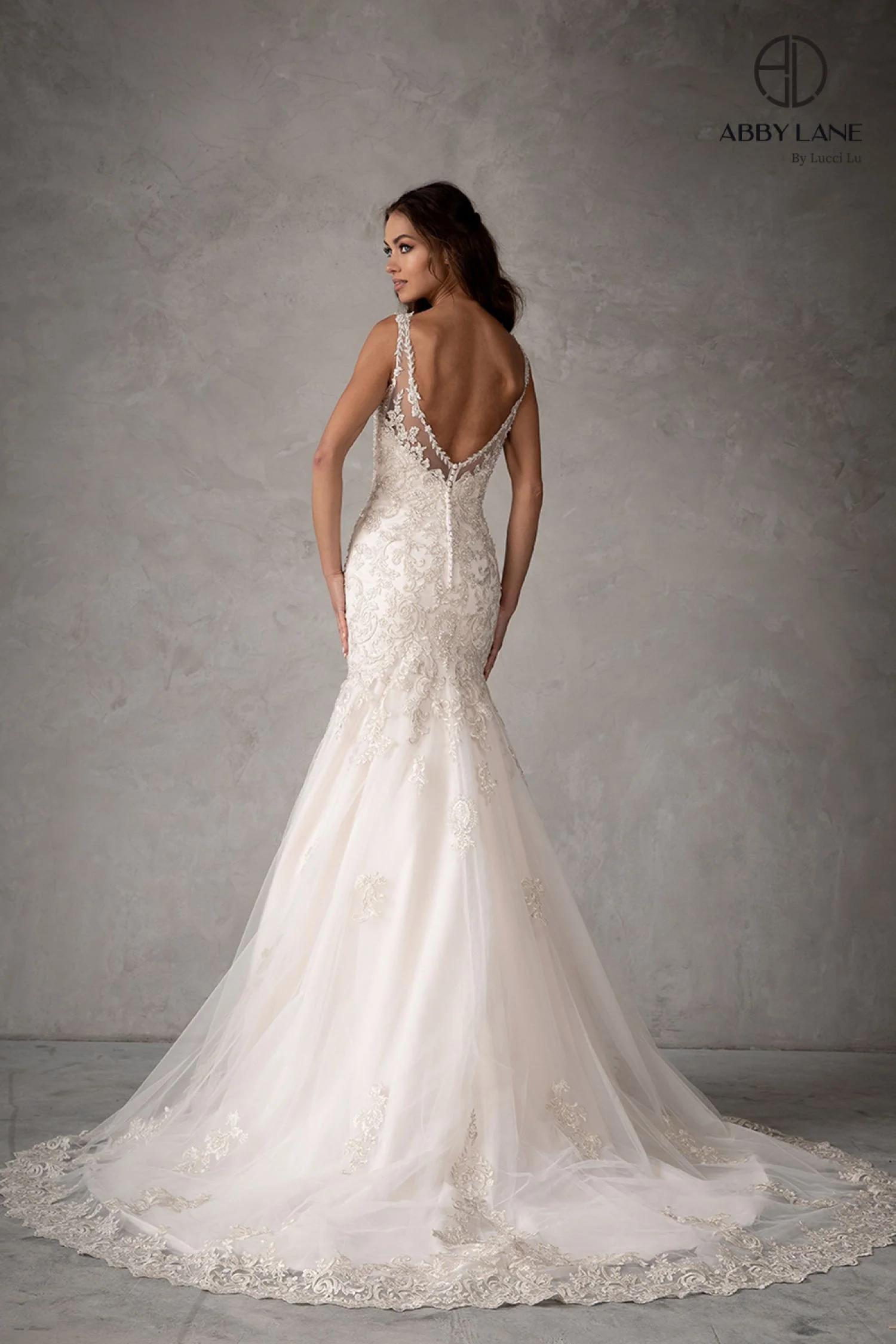 Abby Lane 97110 Size 4, 12 Ivory Champagne Lace Mermaid Wedding Dress Fit & Flare Bridal Gown Buttons - Image 2