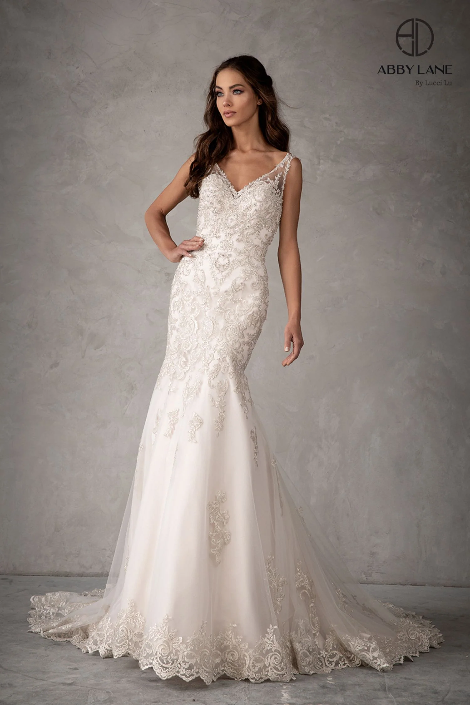 Abby Lane 97110 Size 4, 12 Ivory Champagne Lace Mermaid Wedding Dress Fit & Flare Bridal Gown Buttons - Image 3