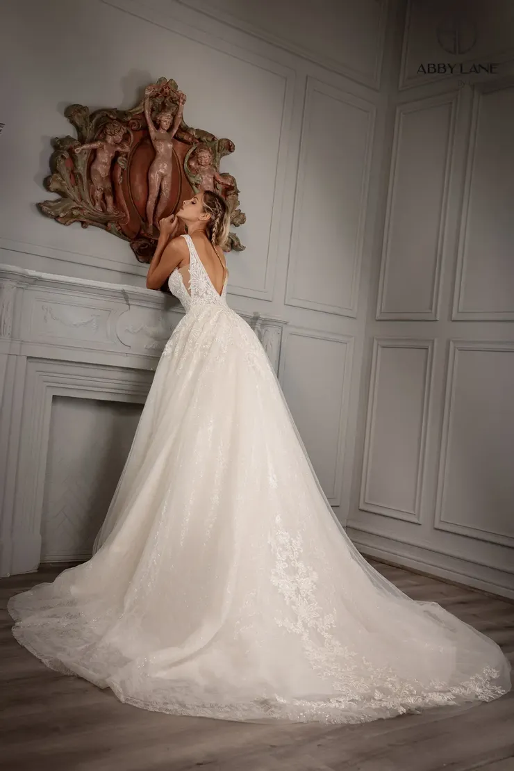 Abby Lane 97161 size 2 Ivory Wedding Dress embroidered lace applique long sleeveless tulle wedding dress with an A-line skirt - Image 2