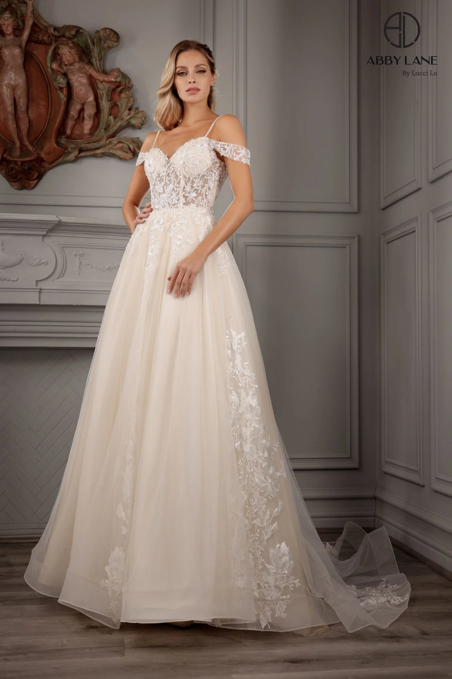Abby Lane 97170 Size 18 Ivory Champagne Sheer Beaded Lace Ballgown Wedding Dress off the shoulder Bridal Gown