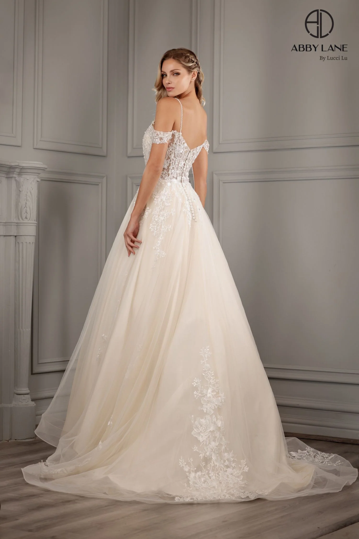 Abby Lane 97170 Size 18 Ivory Champagne Sheer Beaded Lace Ballgown Wedding Dress off the shoulder Bridal Gown - Image 2