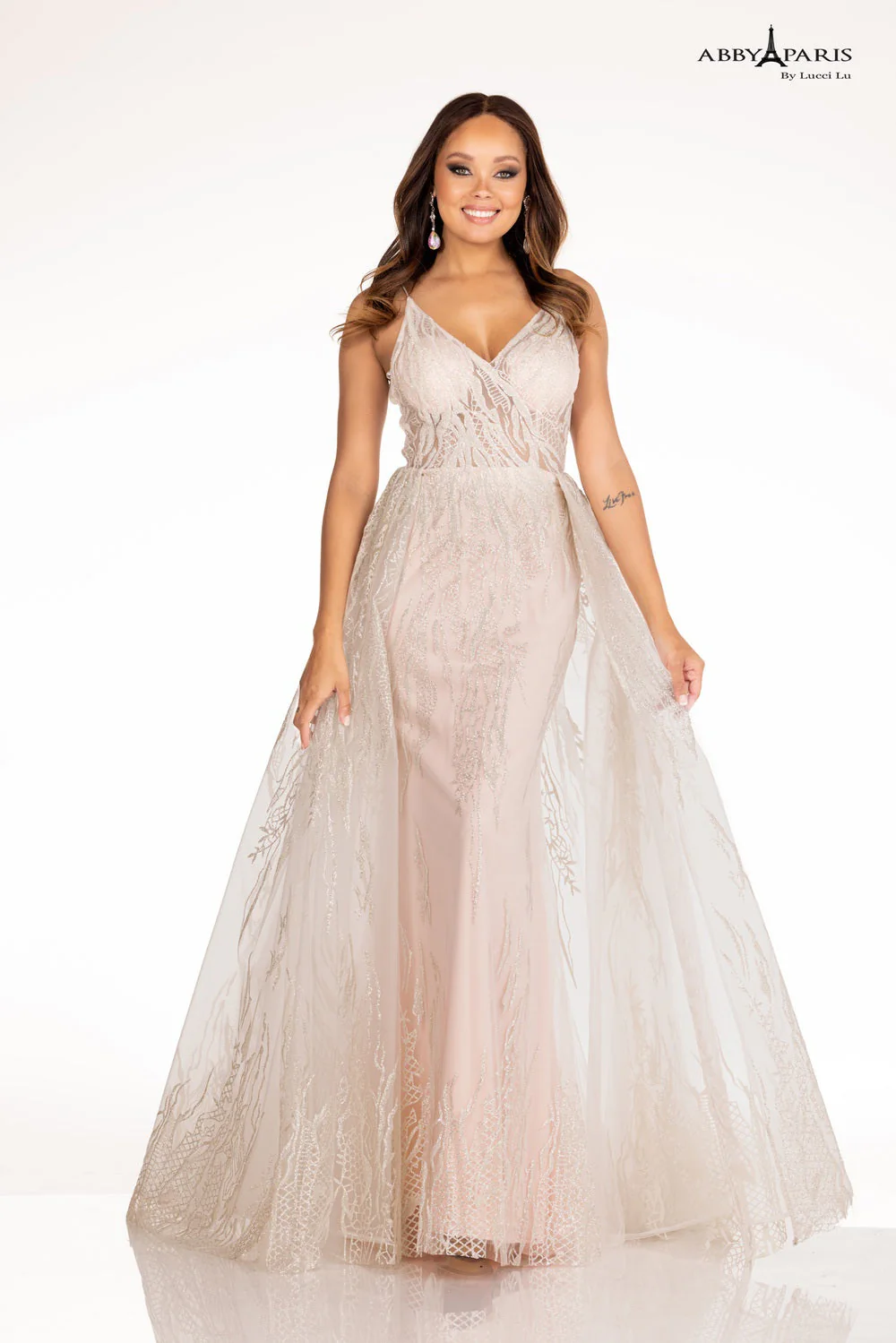 Abby Paris 90091 Size 4 Ivory/Blush Long Glitter Column Prom Dress overskirt sheer bodice Pageant Gown