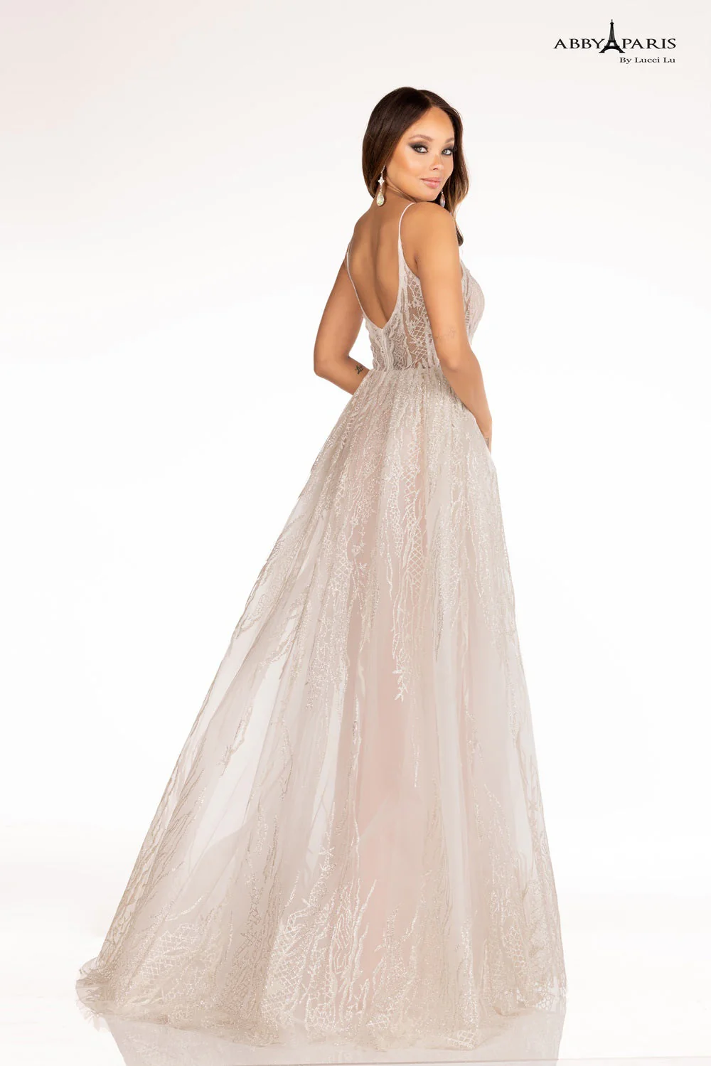Abby Paris 90091 Size 4 Ivory/Blush Long Glitter Column Prom Dress overskirt sheer bodice Pageant Gown - Image 2