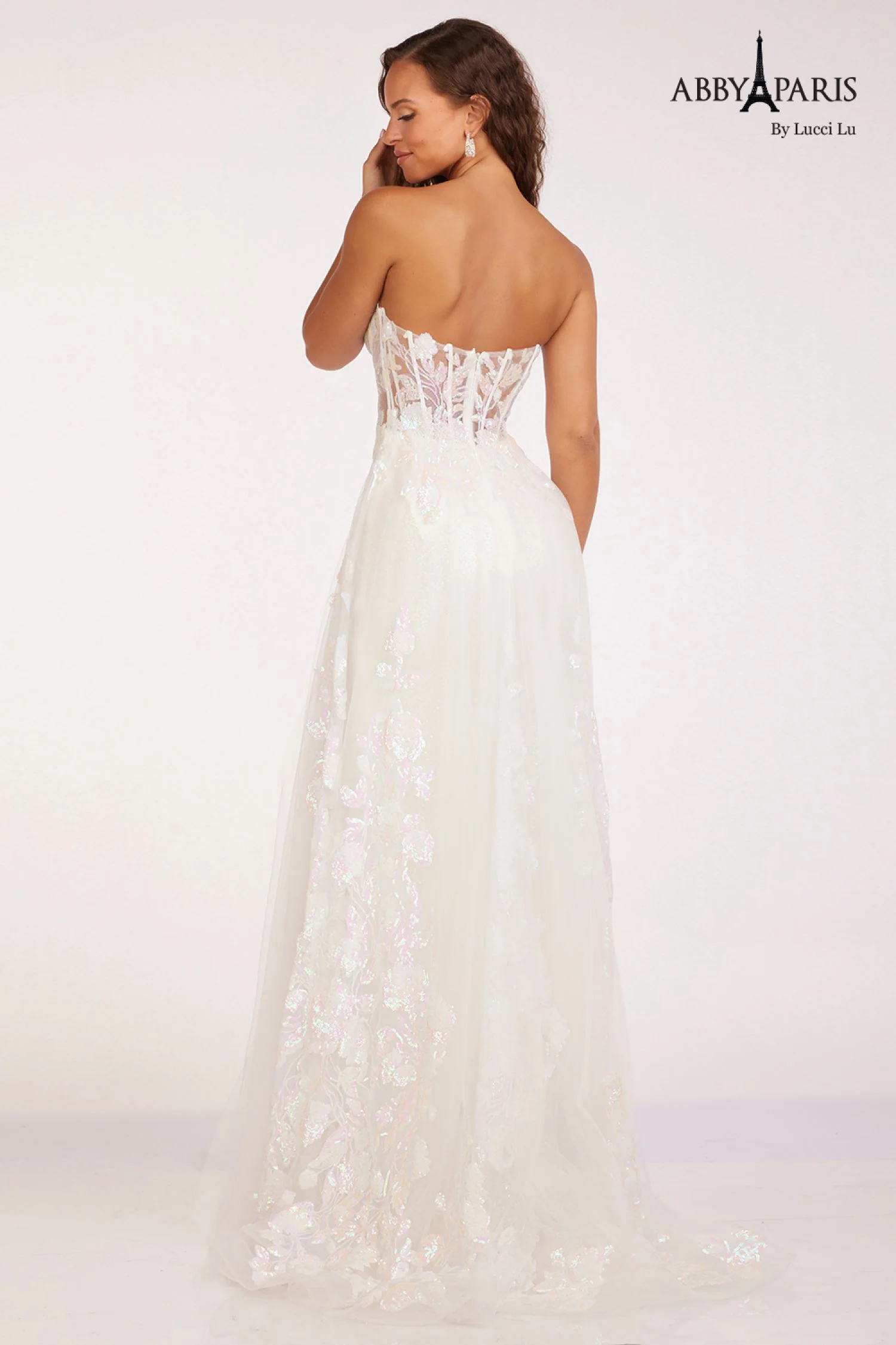 Abby Paris 90229 Size 8 White Sheer Corset Sequin Prom Dress Overskirt Pageant Gown Slit - Image 2