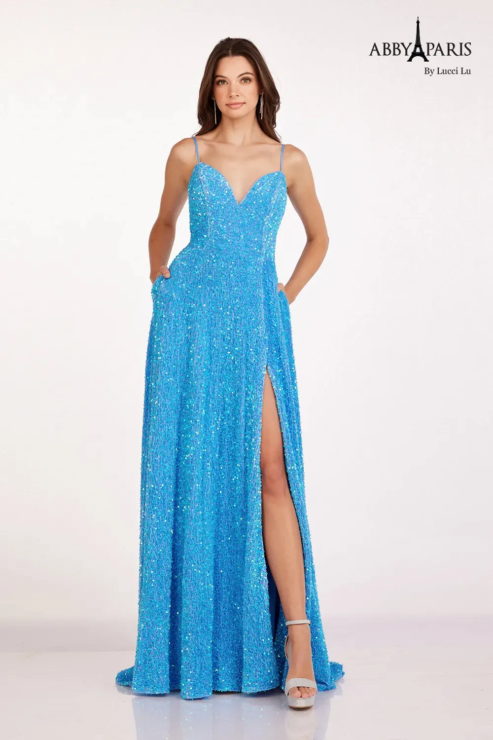 Abby Paris 90247 Size 20 Dolphin Blue A Line Velvet Sequin Ballgown Prom Dress Maxi Slit V Neck Gown Pockets