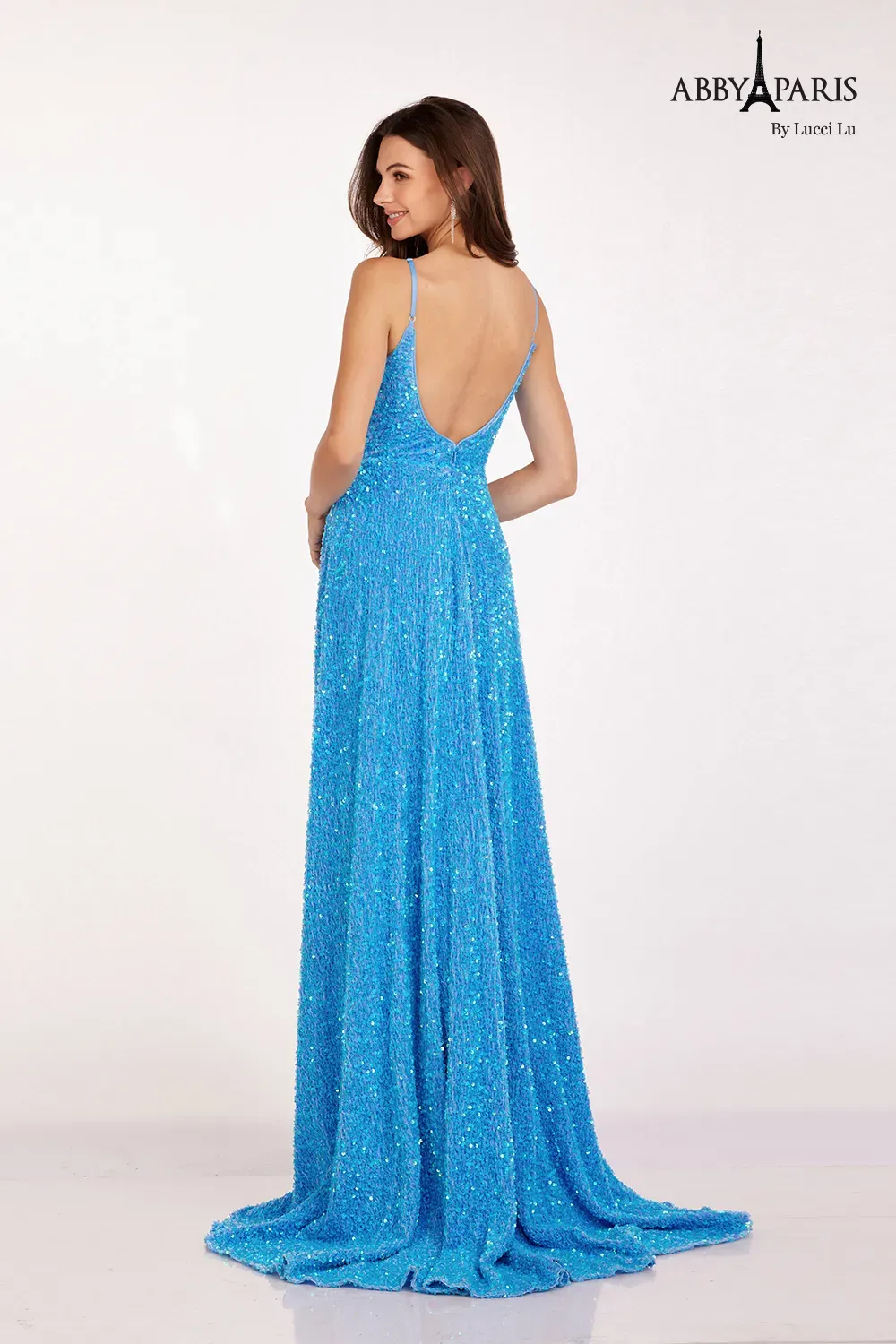 Abby Paris 90247 Size 20 Dolphin Blue A Line Velvet Sequin Ballgown Prom Dress Maxi Slit V Neck Gown Pockets - Image 2