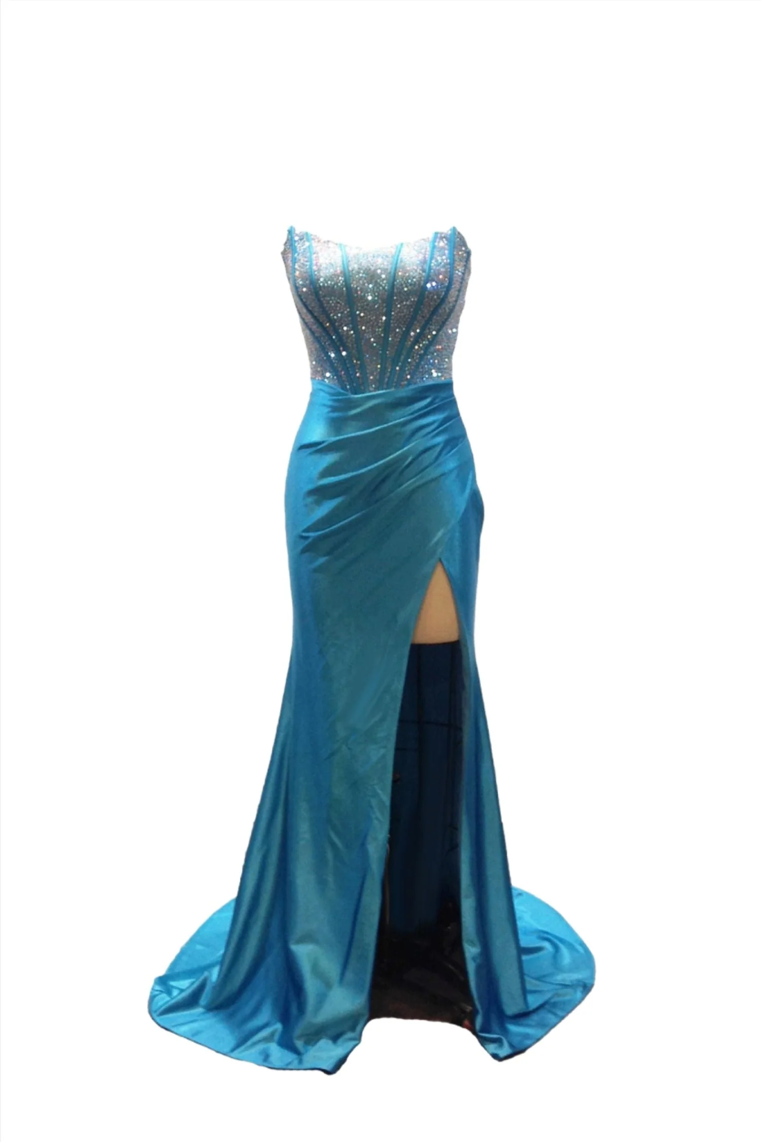 Abby Paris 90255 Size 2, 8 Emerald Crystal Corset Prom Dress Fitted Ruched Maxi Slit Formal Gown Strapless - Image 3