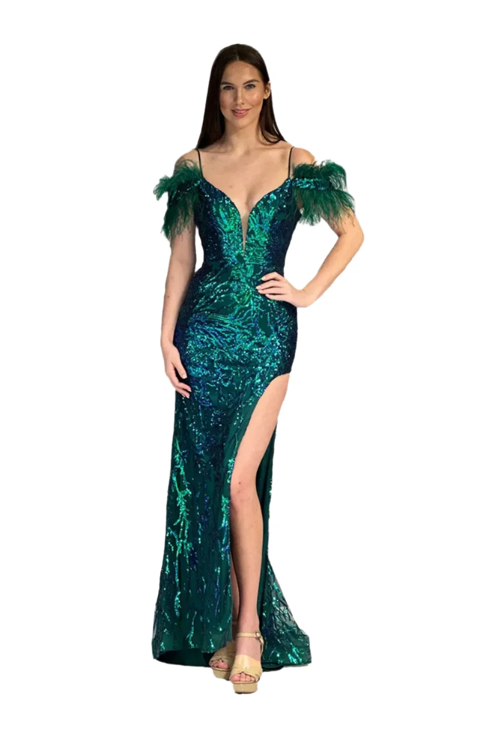 Abby Paris 90271 Size 0 Green Sequin Feather Prom Dress Corset off the Shoulder