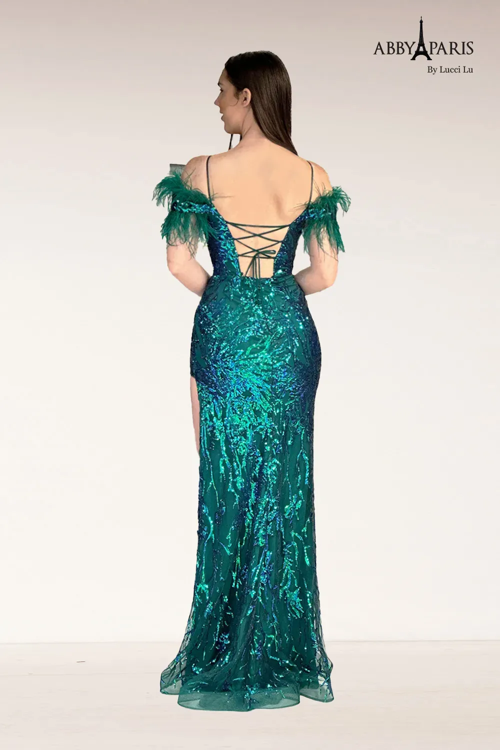 Abby Paris 90271 Size 0 Green Sequin Feather Prom Dress Corset off the Shoulder - Image 2