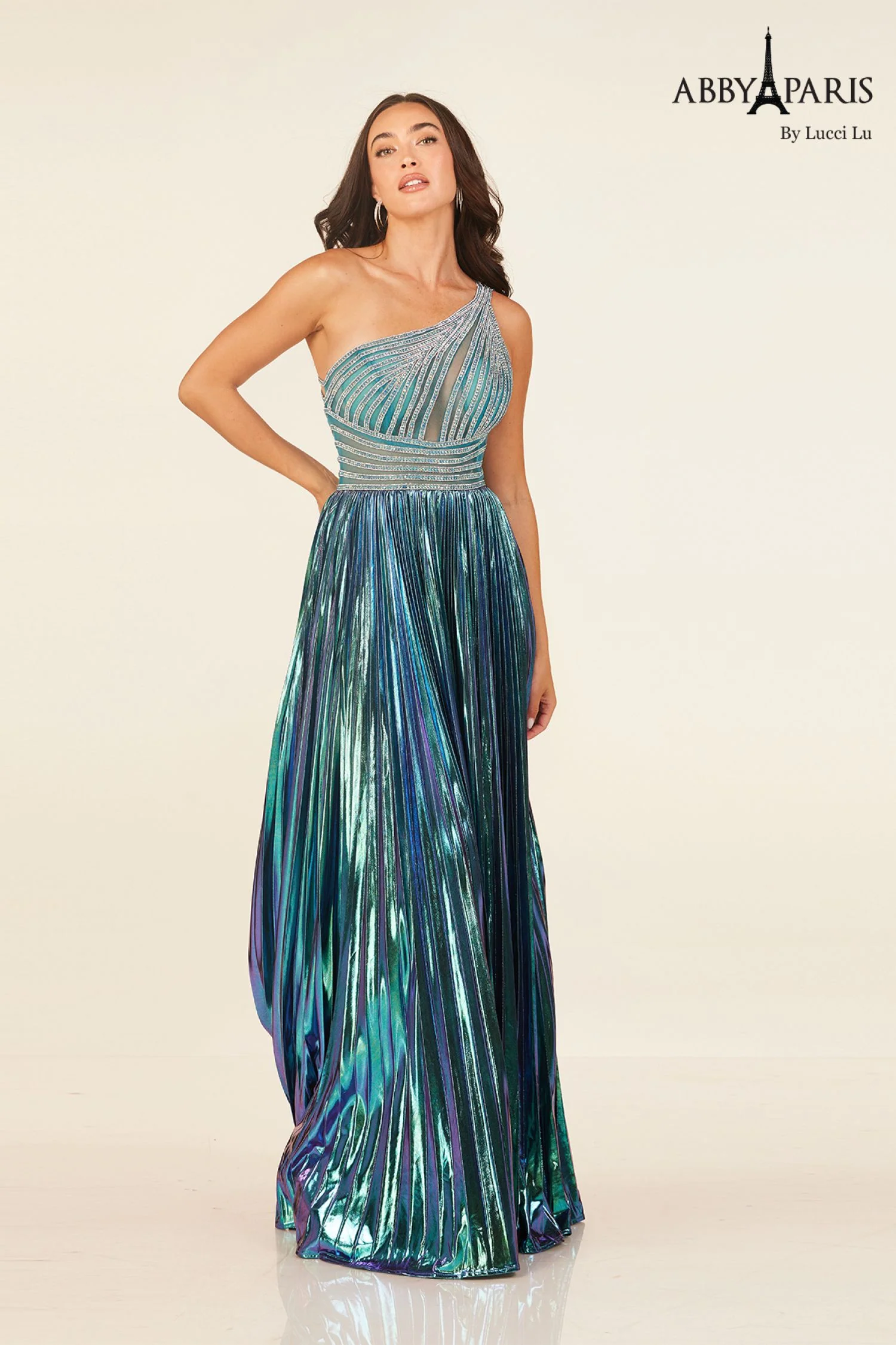Abby Paris 90289 Metallic Pleated Formal Dress One Shoulder Crystal