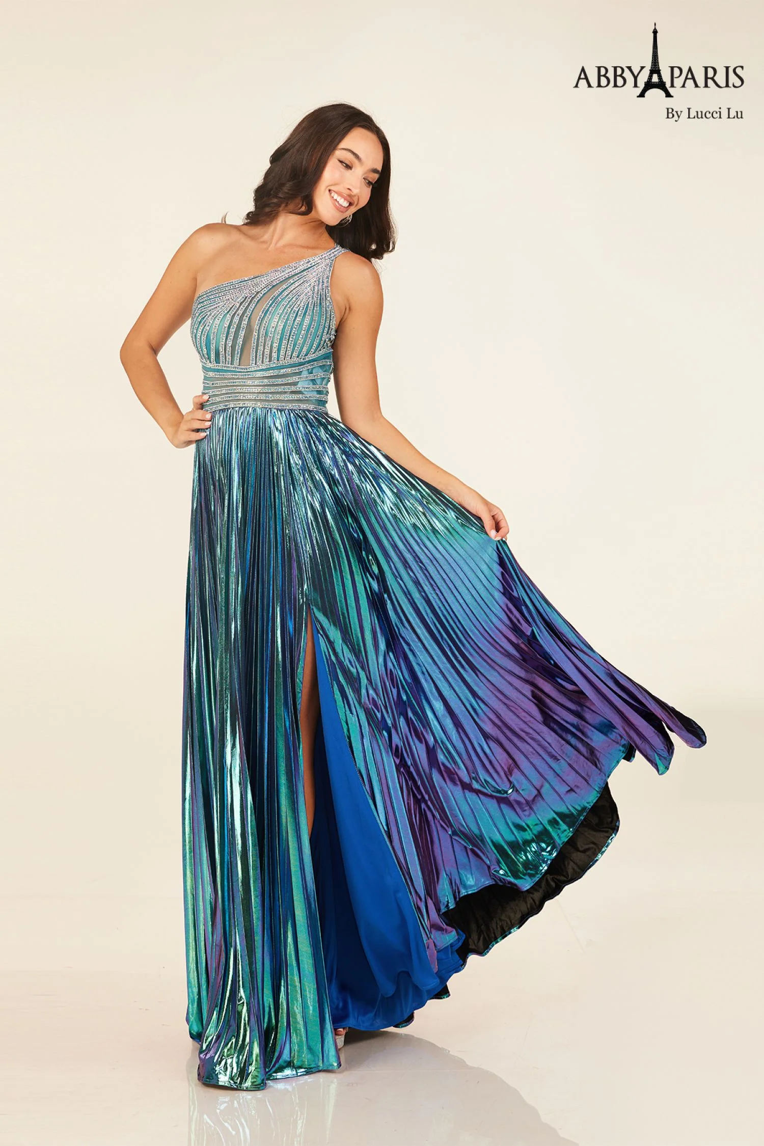 Abby Paris 90289 Metallic Pleated Formal Dress One Shoulder Crystal - Image 2