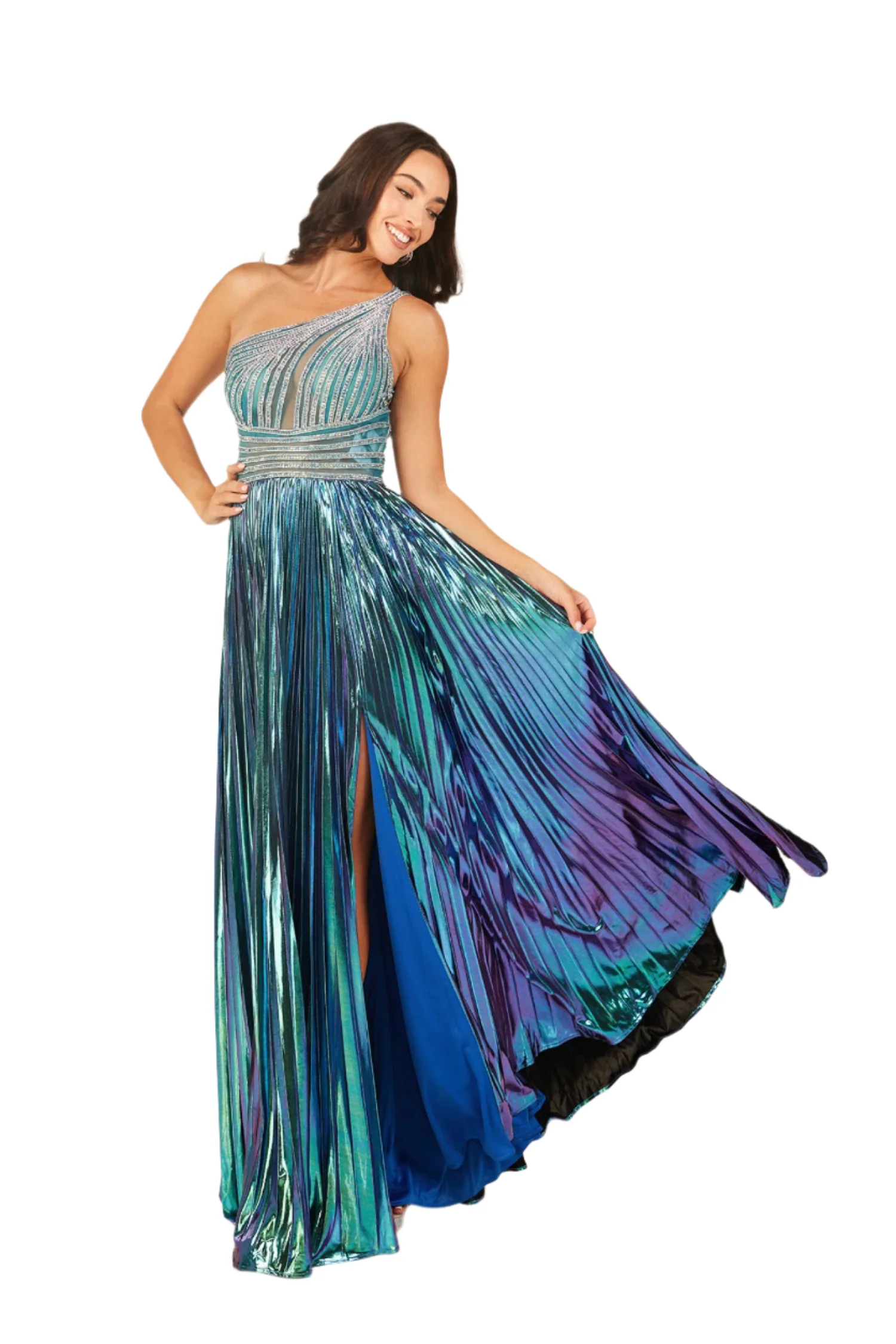 Abby Paris 90289 Metallic Pleated Formal Dress One Shoulder Crystal - Image 3