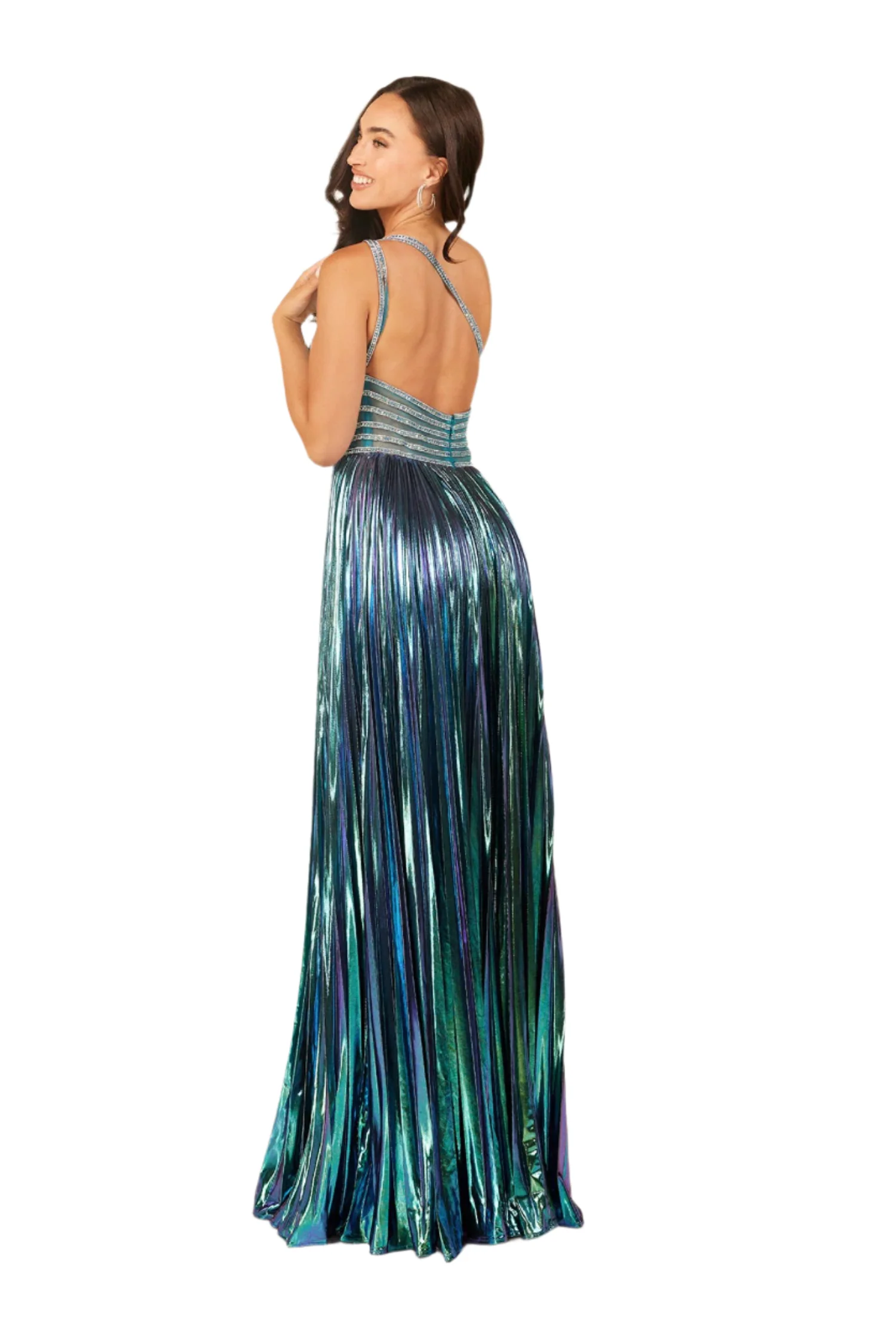 Abby Paris 90289 Metallic Pleated Formal Dress One Shoulder Crystal - Image 4