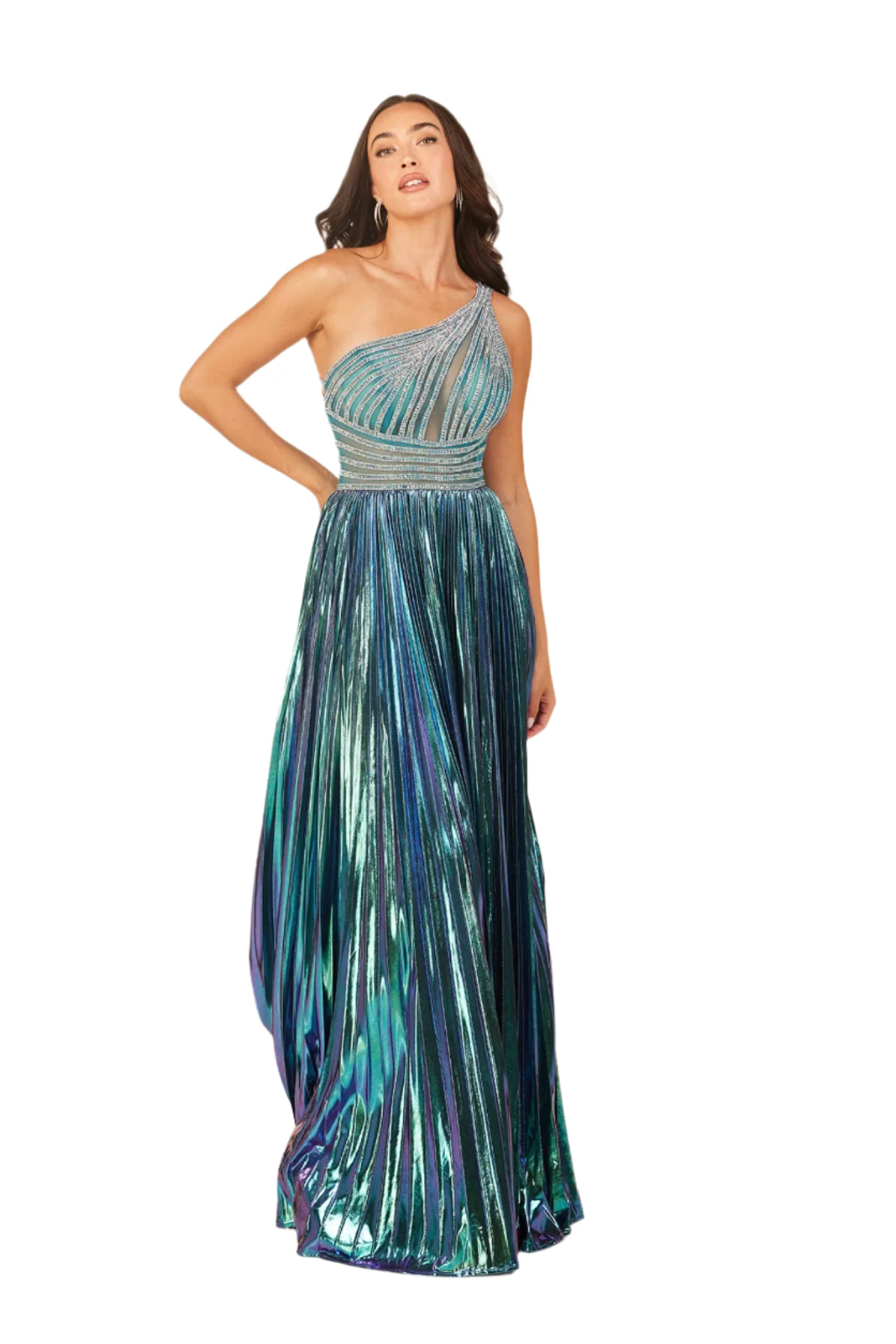 Abby Paris 90289 Metallic Pleated Formal Dress One Shoulder Crystal - Image 5