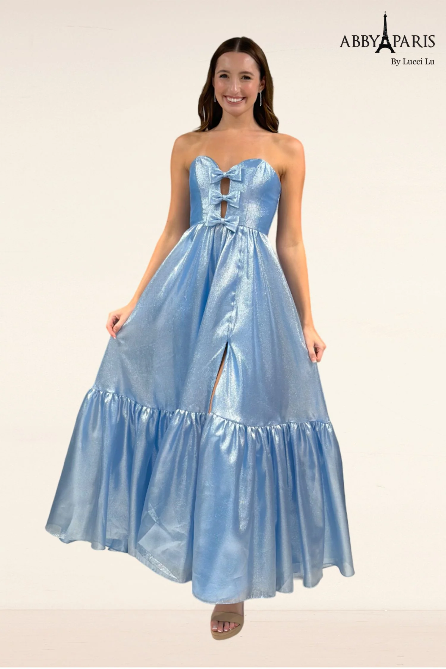 Abby Paris 90291 Metallic Shimmer A Line Prom Dress Slit Bow V Neck Formal Gown - Image 2