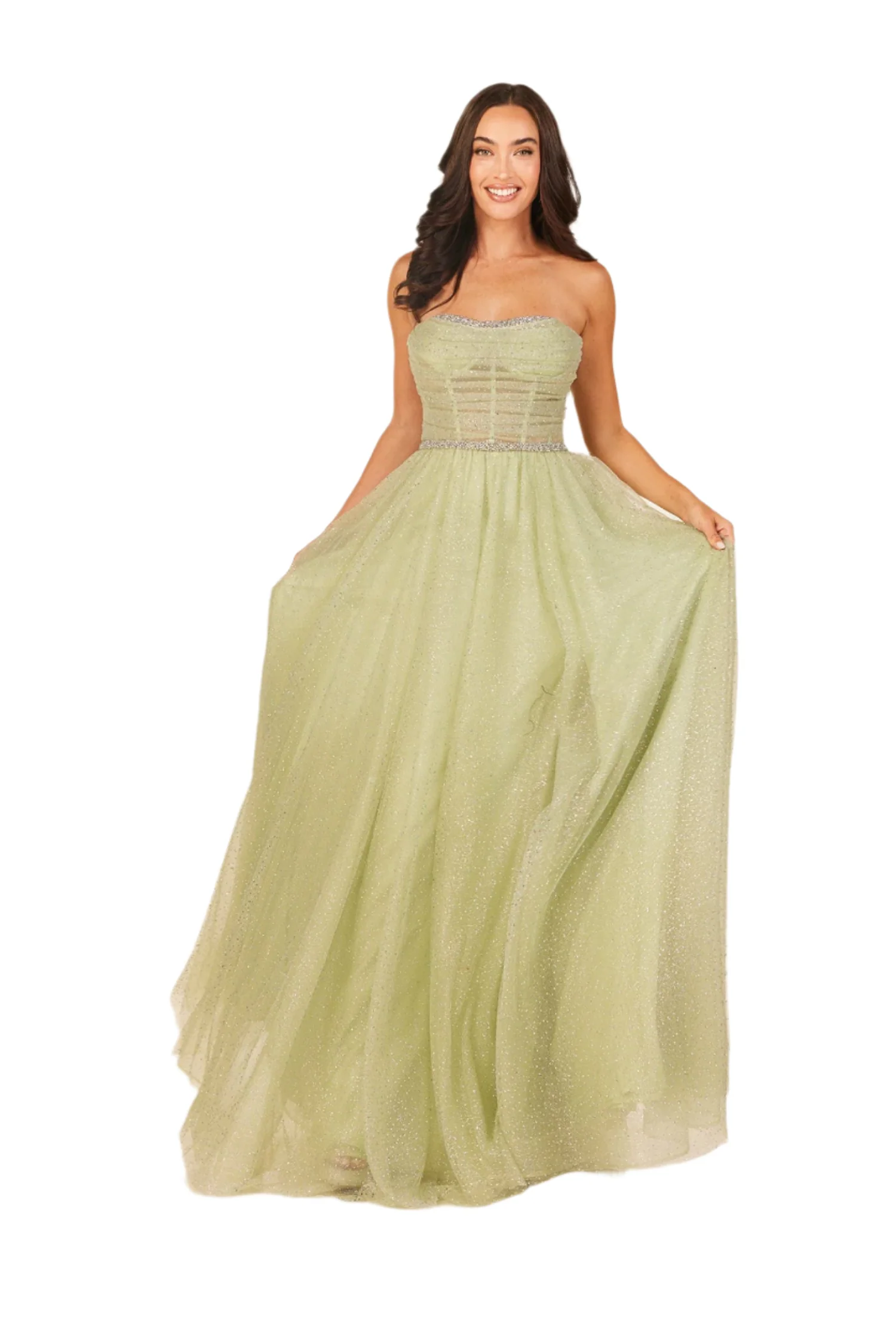 Abby Paris 90324 Size 6 Sage Crystal Tulle A Line Sheer Corset Prom Dress Formal Evening Gown Strapless