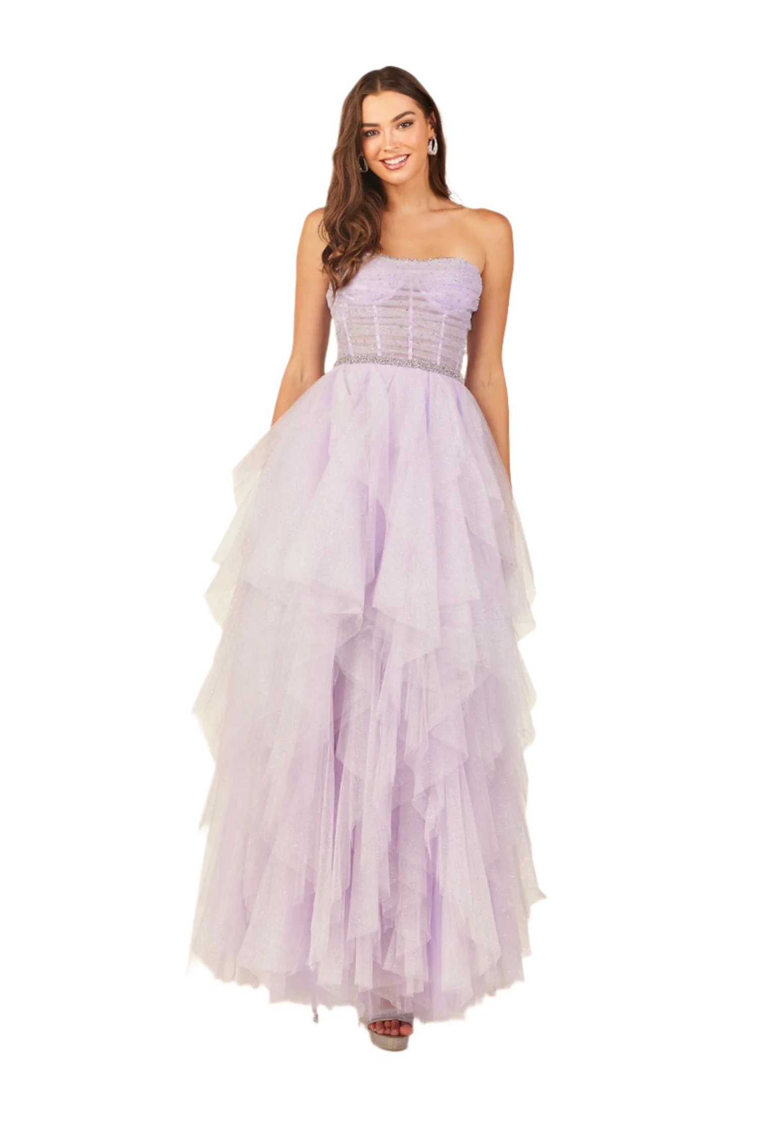 Abby Paris 90325 Size 0 Lilac A Line Sheer Corset Glitter Tulle Prom Dress Layered Skirt Formal Gown