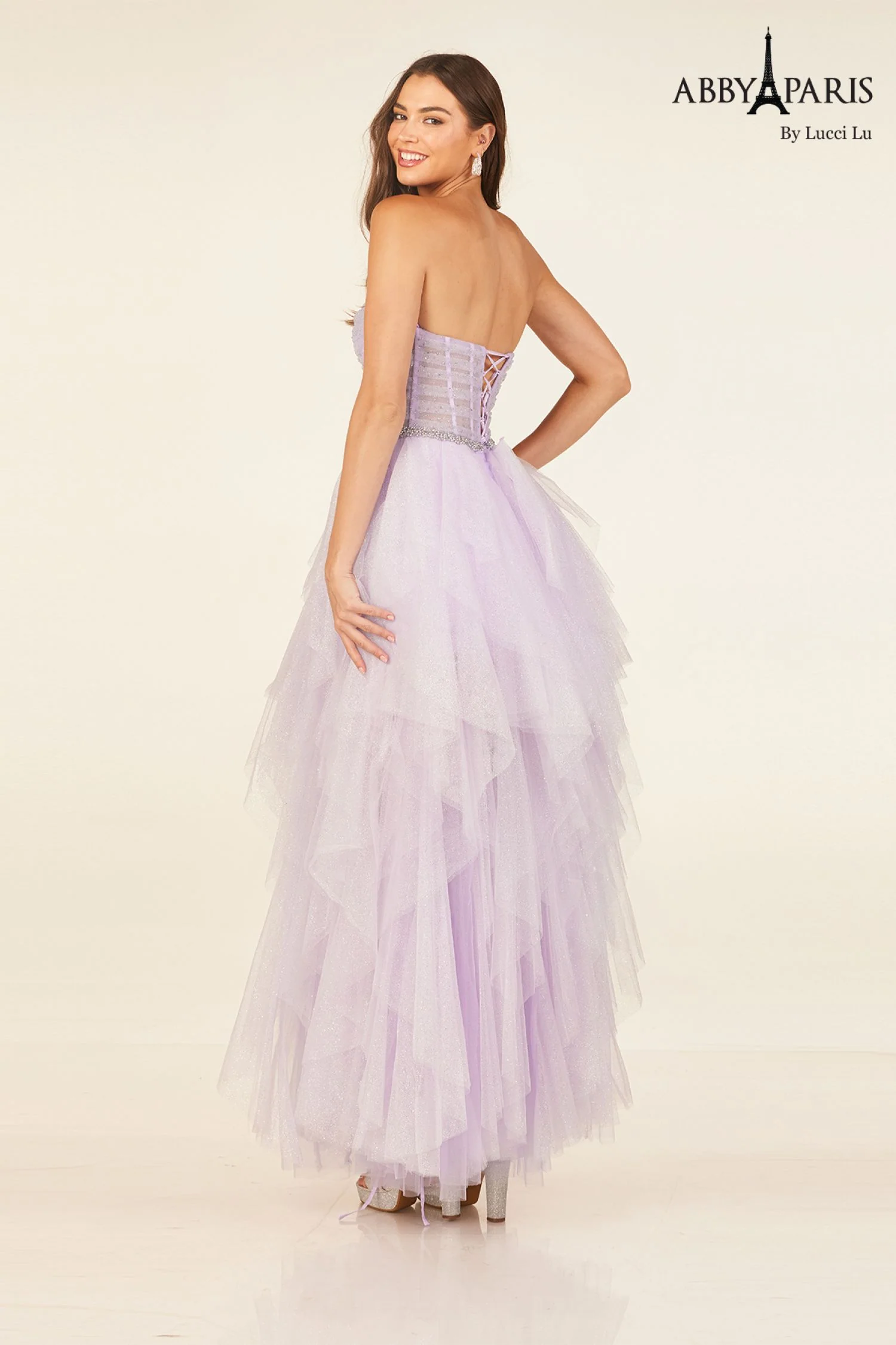 Abby Paris 90325 Size 0 Lilac A Line Sheer Corset Glitter Tulle Prom Dress Layered Skirt Formal Gown - Image 2