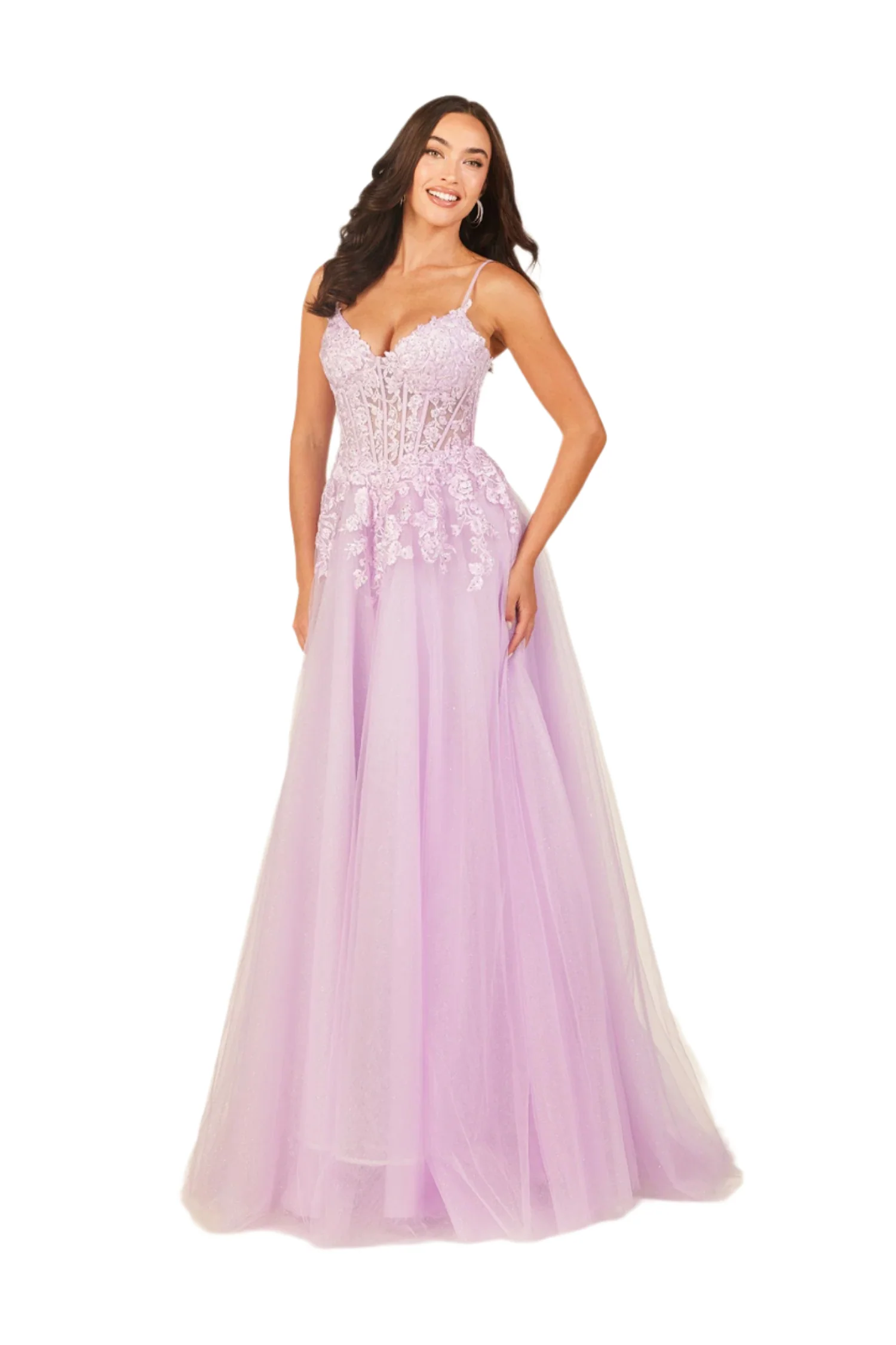 Abby Paris 90327 Sheer Lace Corset A Line Prom Dress Shimmer V Neck Formal Gown