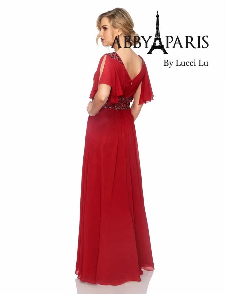 Abby Paris 986002W A-Line Pleated Crystal Detail Drape Sleeves V-Neck Plus Size MOB Gown - Image 3