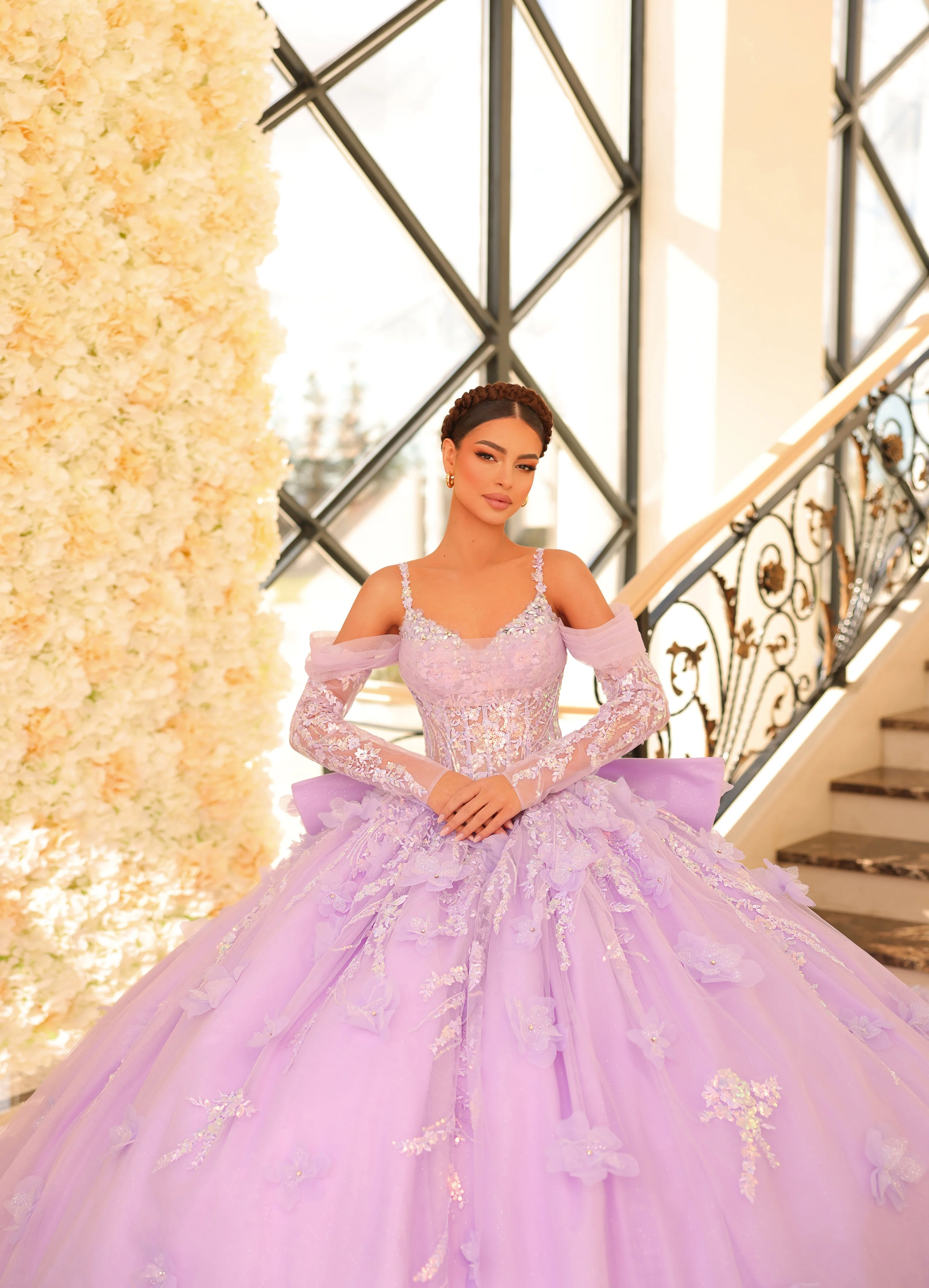 Amarra 54204 Size 0 Hot Pink Quinceanera Dress Train Long Sleeve Bow Flowers Sequins Ballgown off the Shoulder - Image 11