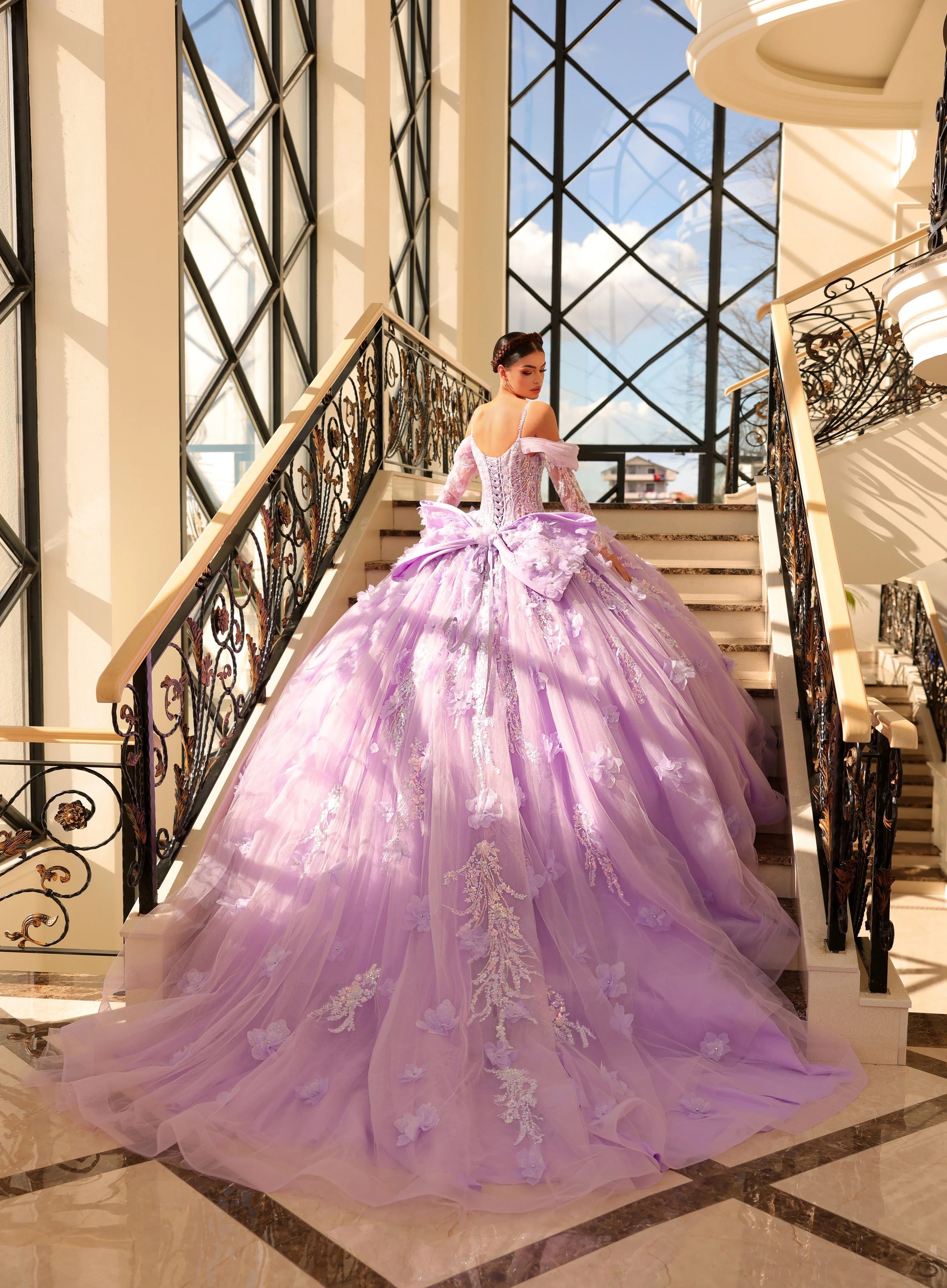 Amarra 54204 Size 0 Hot Pink Quinceanera Dress Train Long Sleeve Bow Flowers Sequins Ballgown off the Shoulder - Image 12