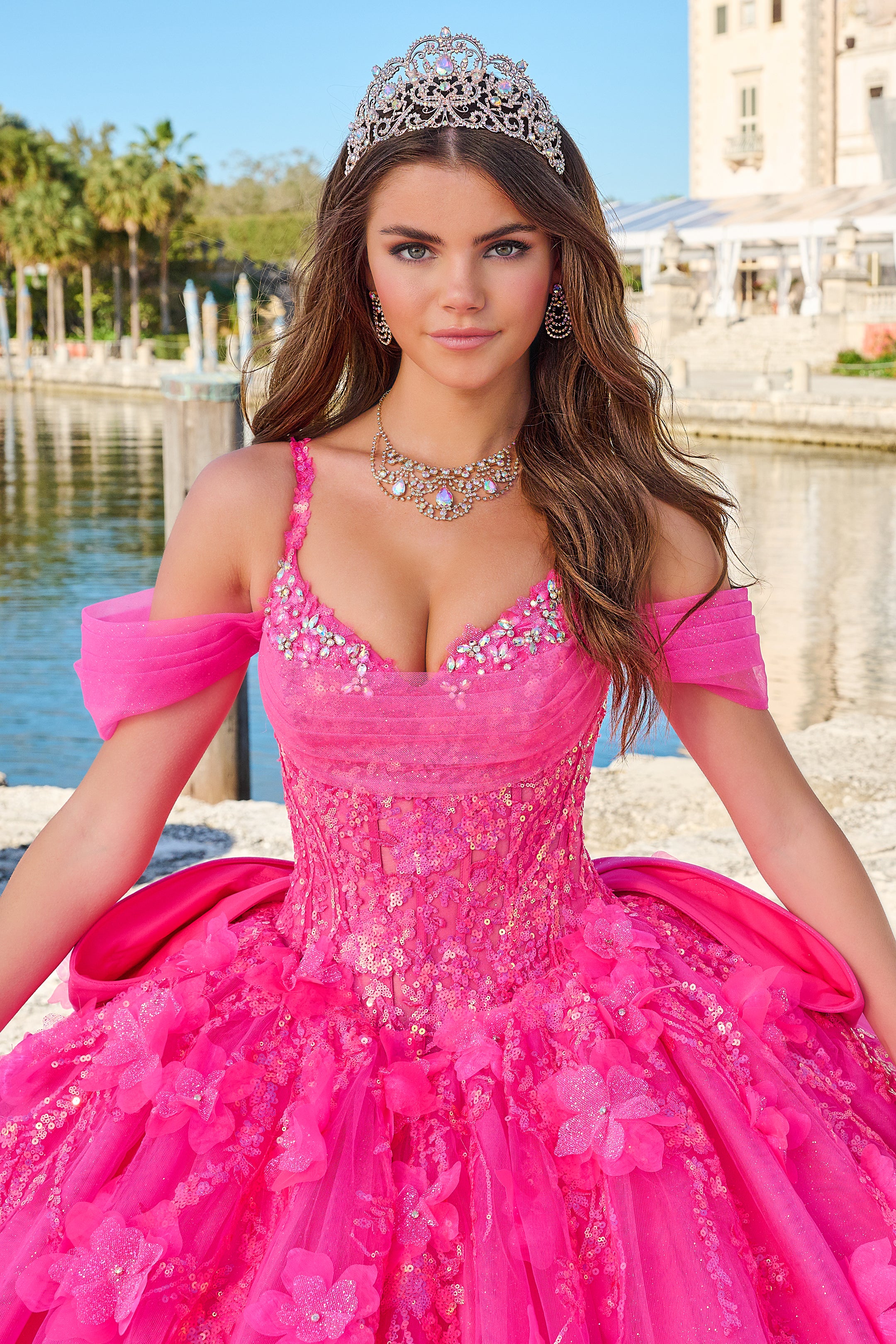 Amarra 54204 Size 0 Hot Pink Quinceanera Dress Train Long Sleeve Bow Flowers Sequins Ballgown off the Shoulder - Image 4