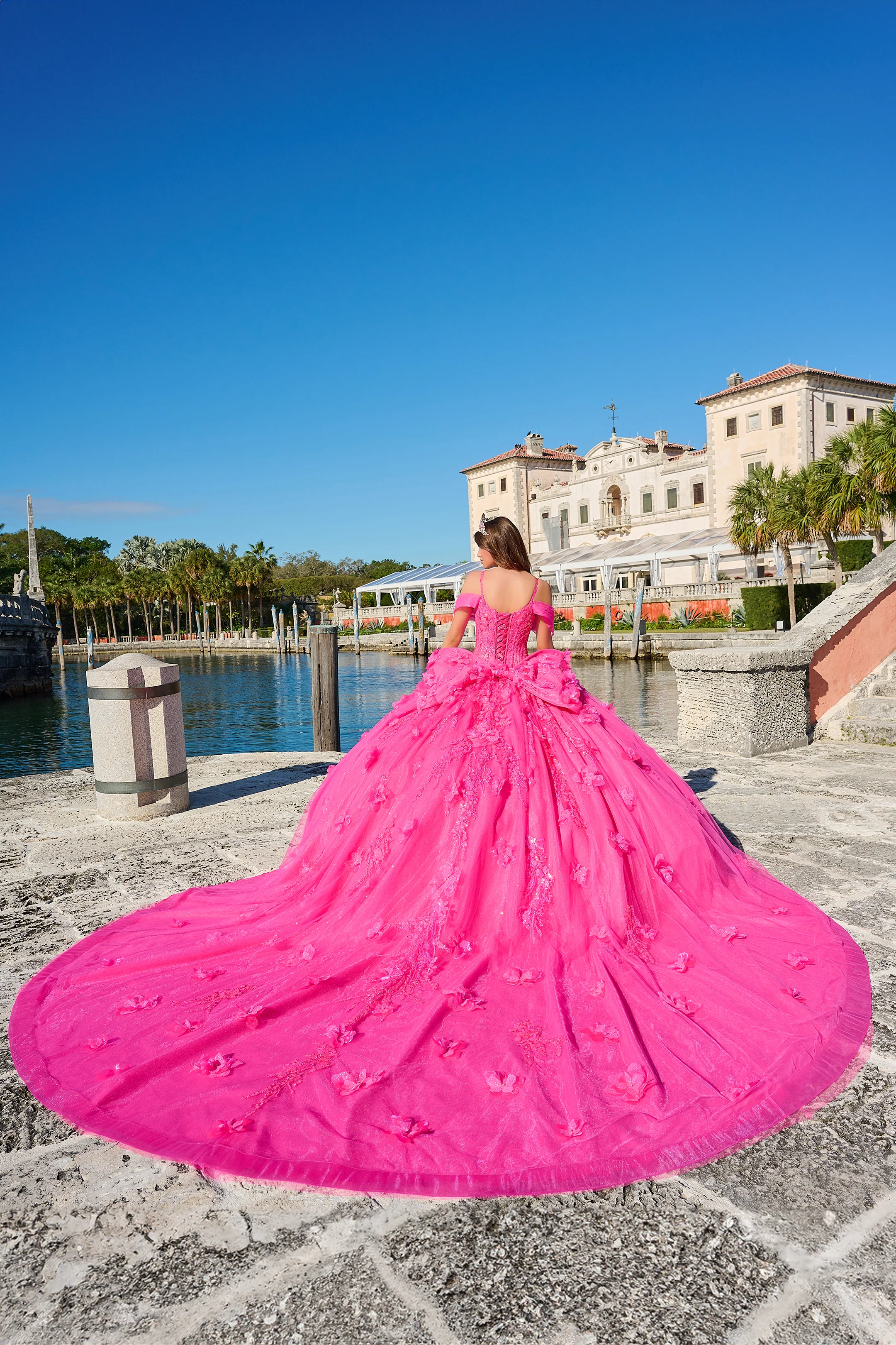 Amarra 54204 Size 0 Hot Pink Quinceanera Dress Train Long Sleeve Bow Flowers Sequins Ballgown off the Shoulder - Image 5