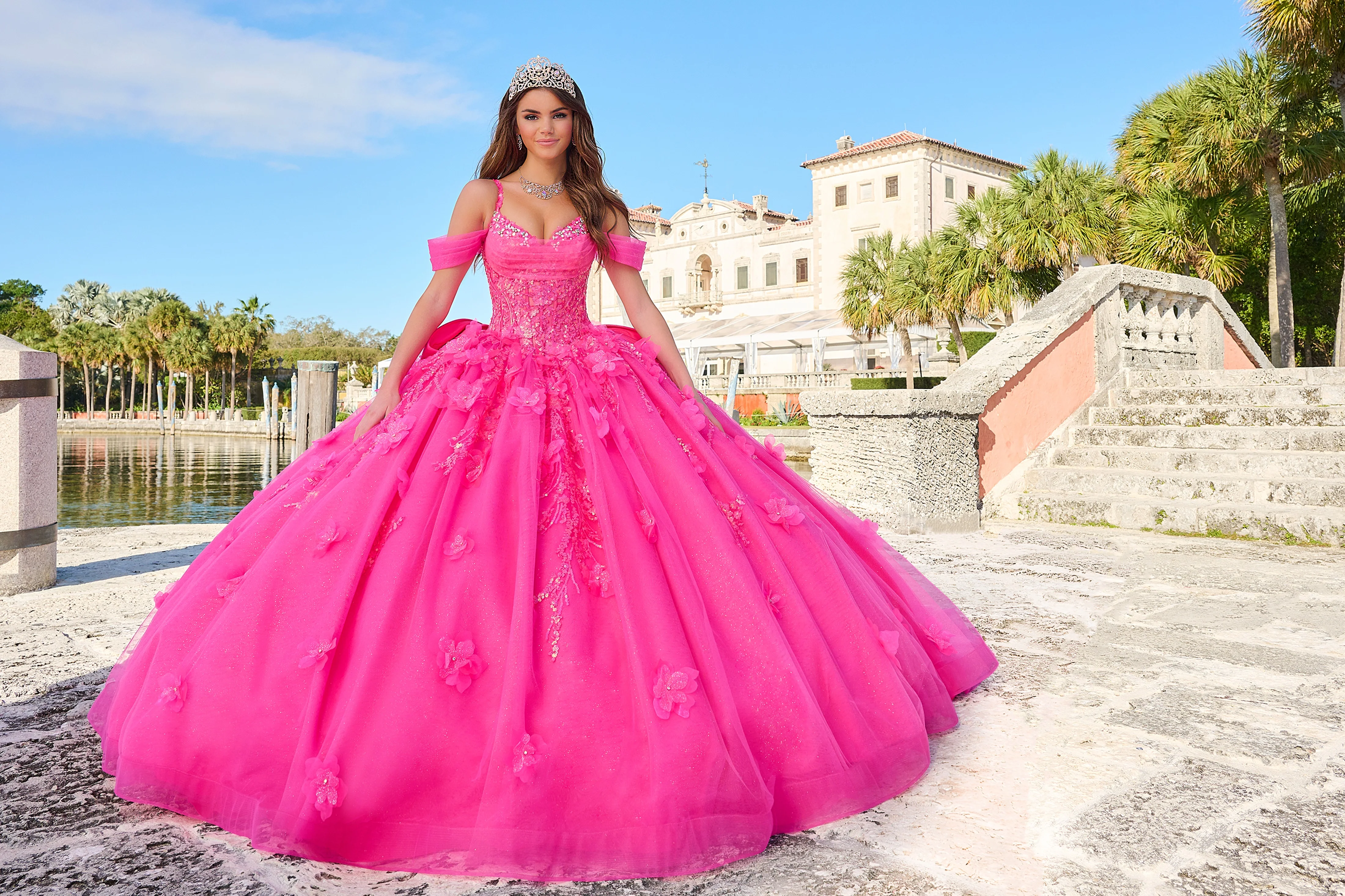 Amarra 54204 Size 0 Hot Pink Quinceanera Dress Train Long Sleeve Bow Flowers Sequins Ballgown off the Shoulder - Image 8