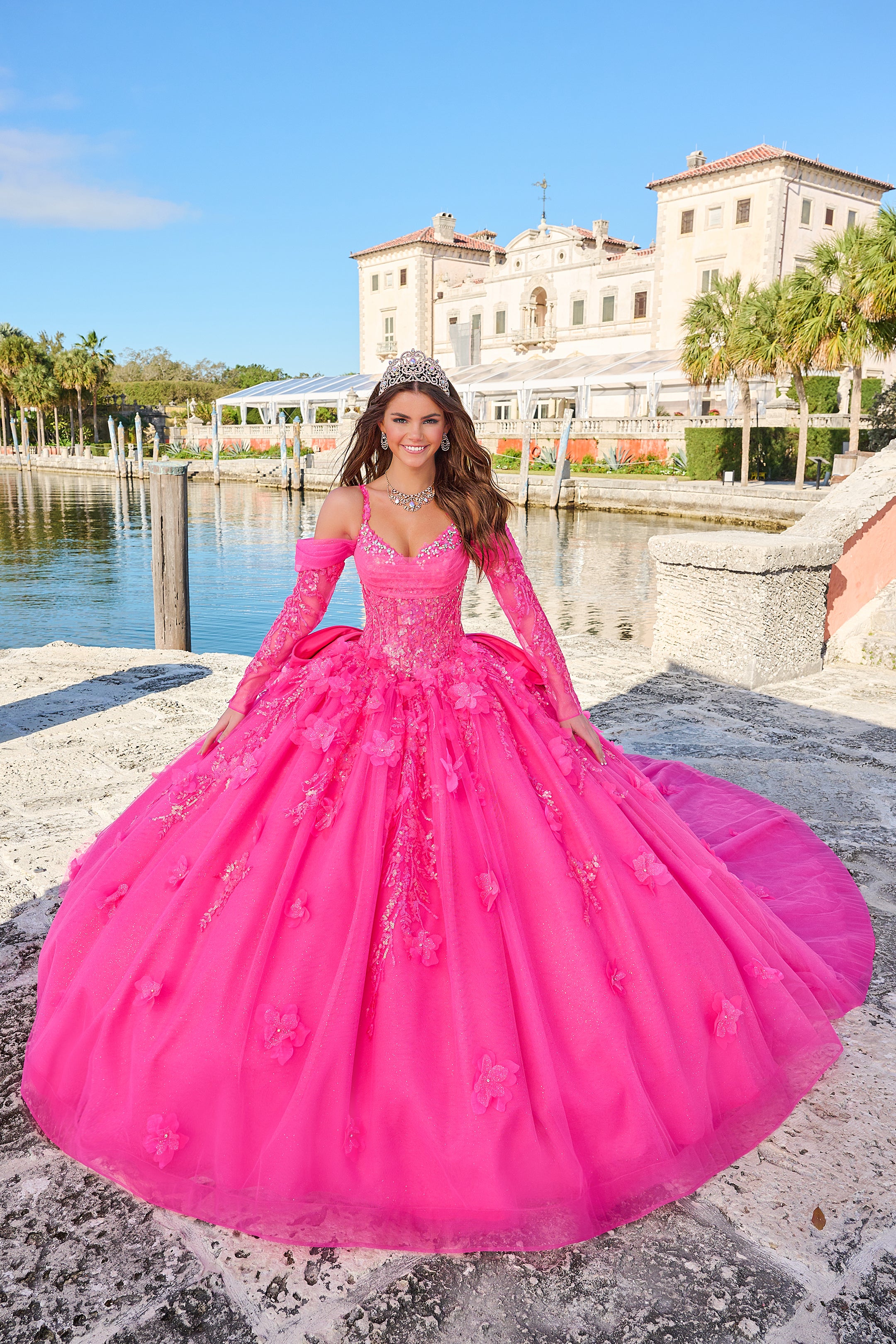 Amarra 54204 Size 0 Hot Pink Quinceanera Dress Train Long Sleeve Bow Flowers Sequins Ballgown off the Shoulder - Image 9