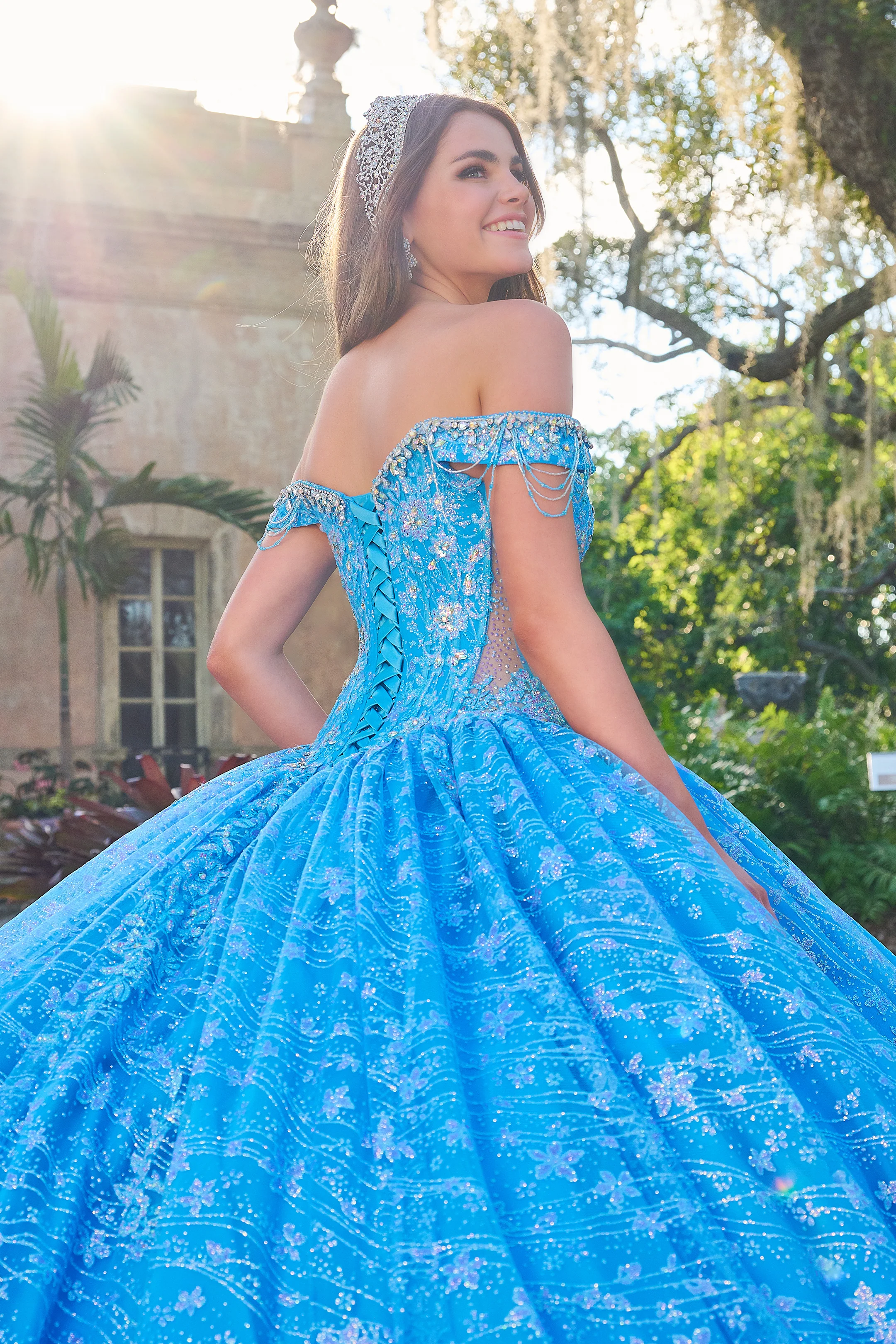 Amarra 54220 Quinceanera Ball Gown Formal Dress Sheer Crystal Lace Train Fringe off the shoulder - Image 11