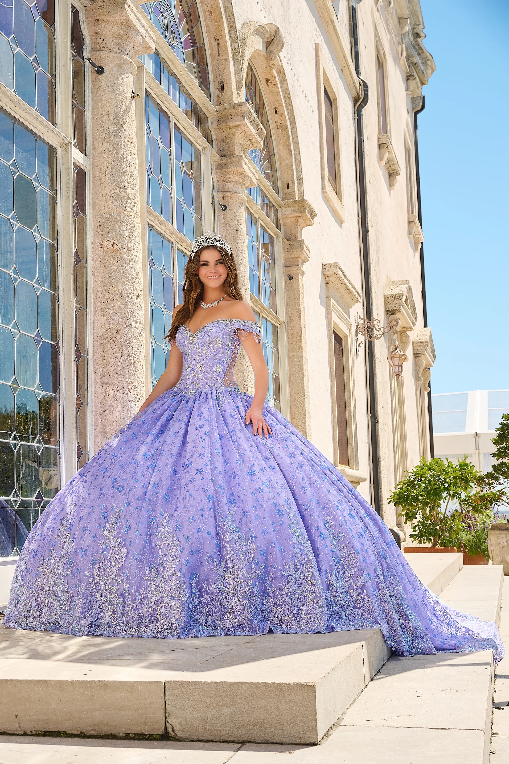 Amarra 54220 Quinceanera Ball Gown Formal Dress Sheer Crystal Lace Train Fringe off the shoulder - Image 3