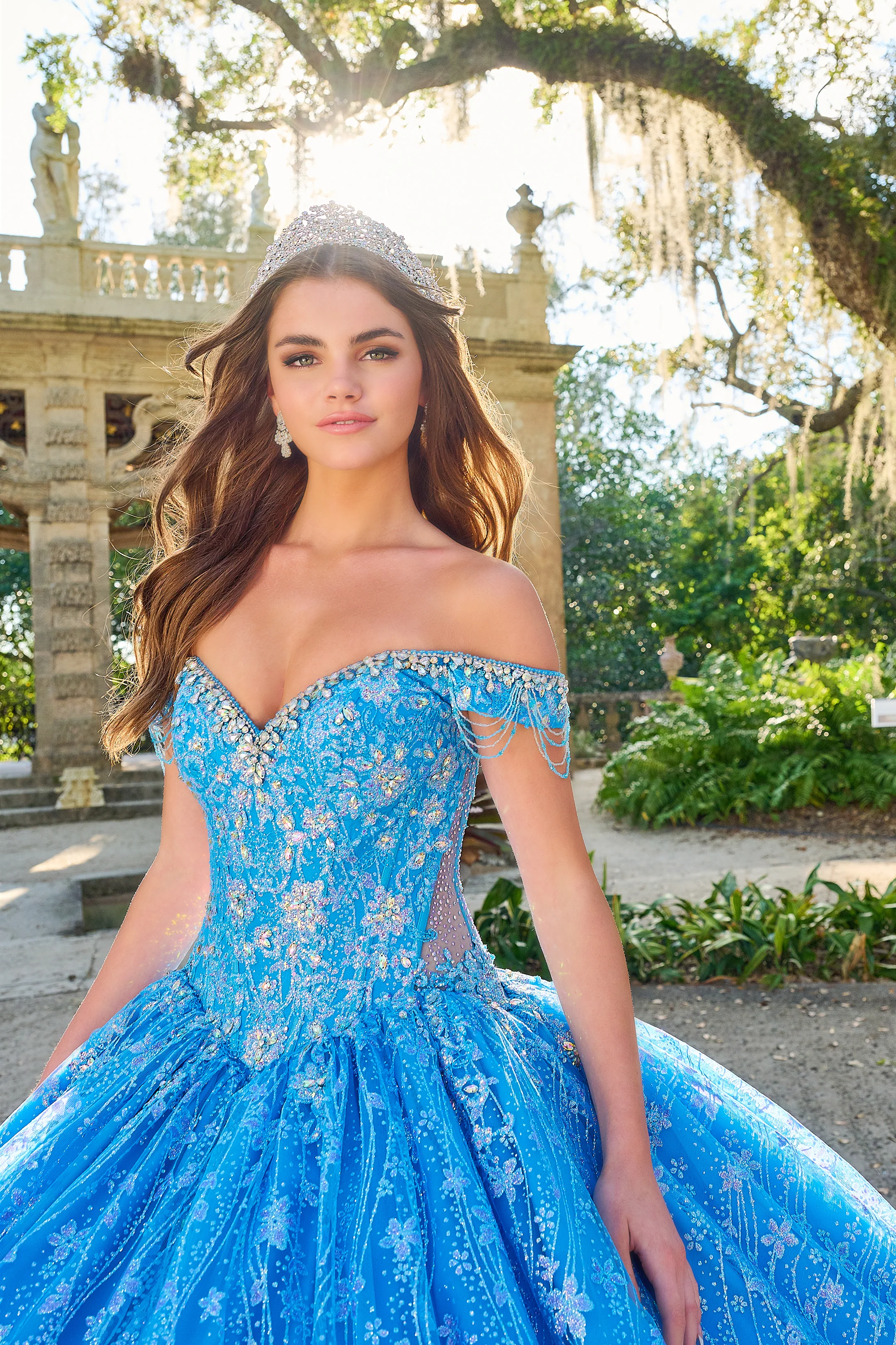 Amarra 54220 Quinceanera Ball Gown Formal Dress Sheer Crystal Lace Train Fringe off the shoulder - Image 5
