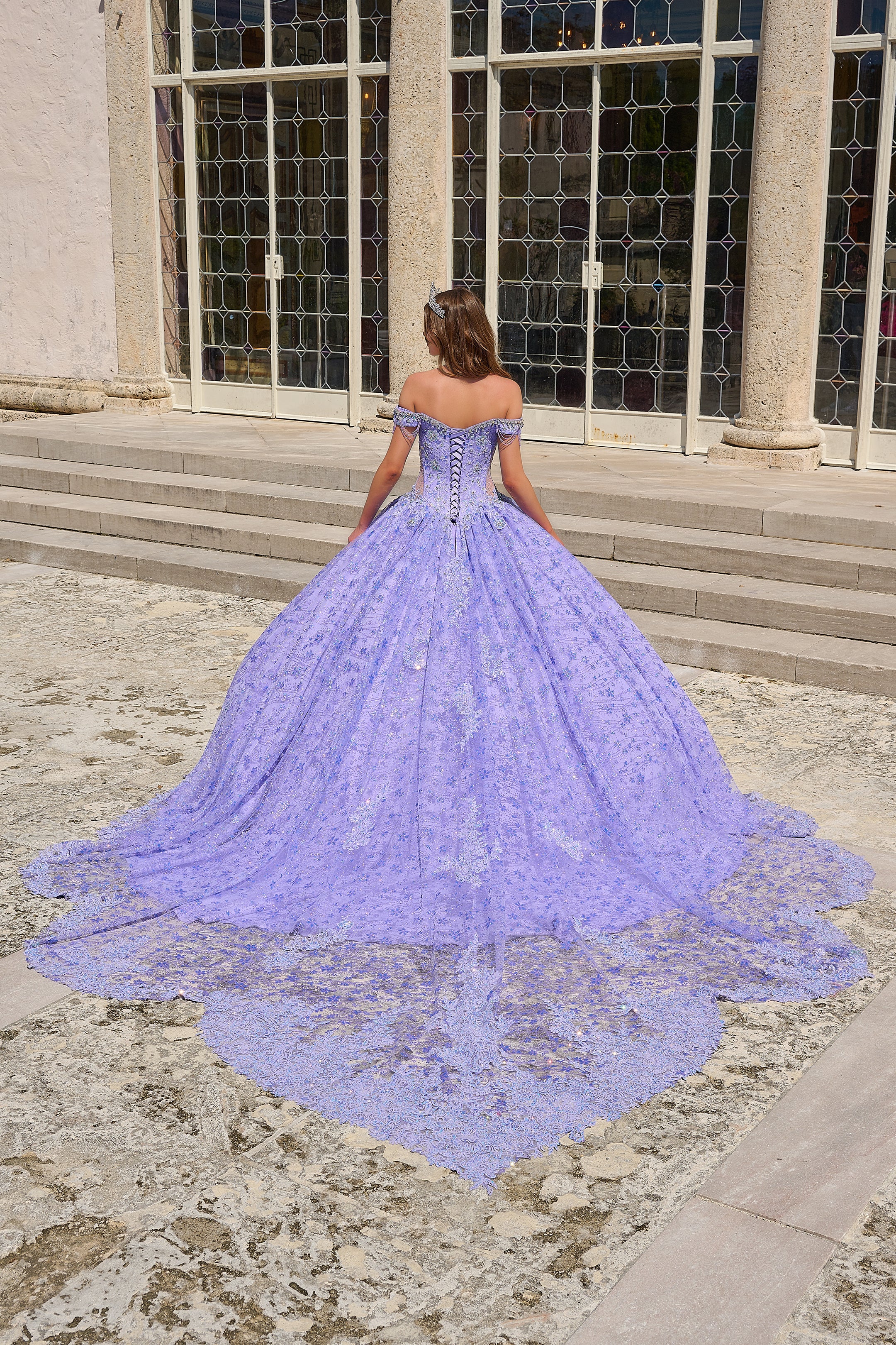 Amarra 54220 Quinceanera Ball Gown Formal Dress Sheer Crystal Lace Train Fringe off the shoulder - Image 6