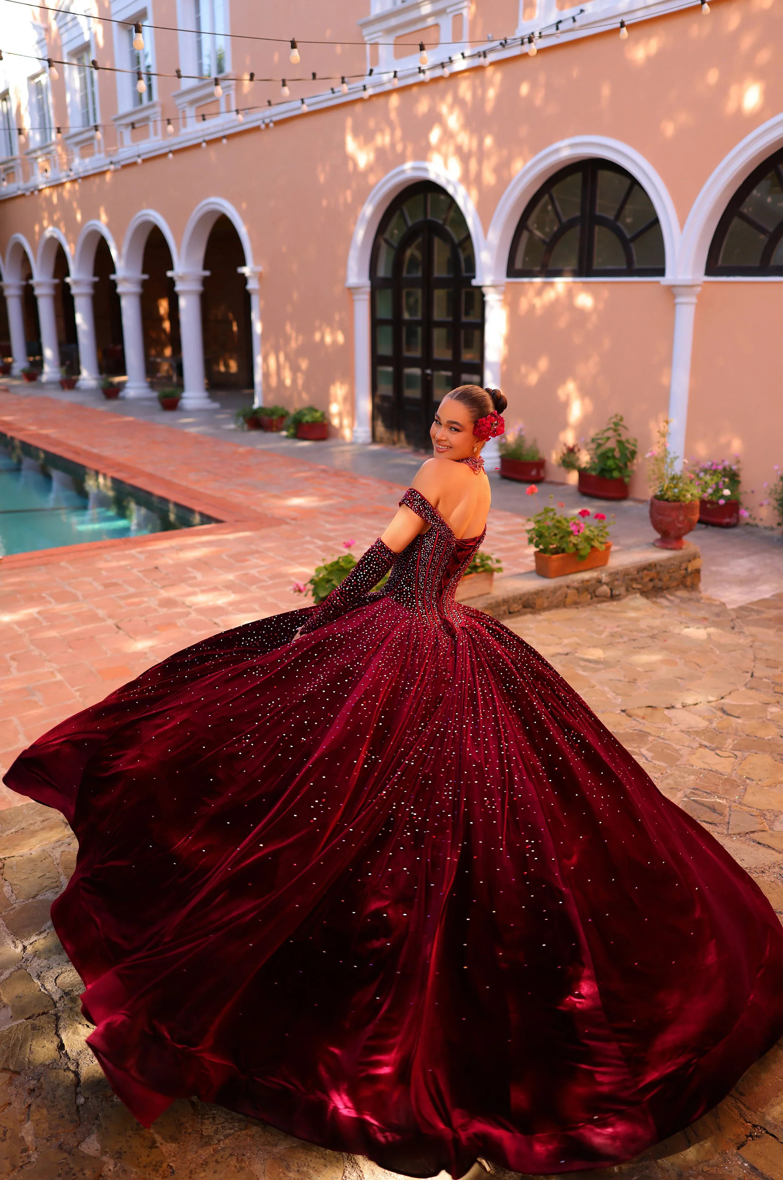 Amarra 54257 Quinceanera Dress Velvet Gloves Ball Gown Crystal Corset Necklace off the shoulder - Image 4