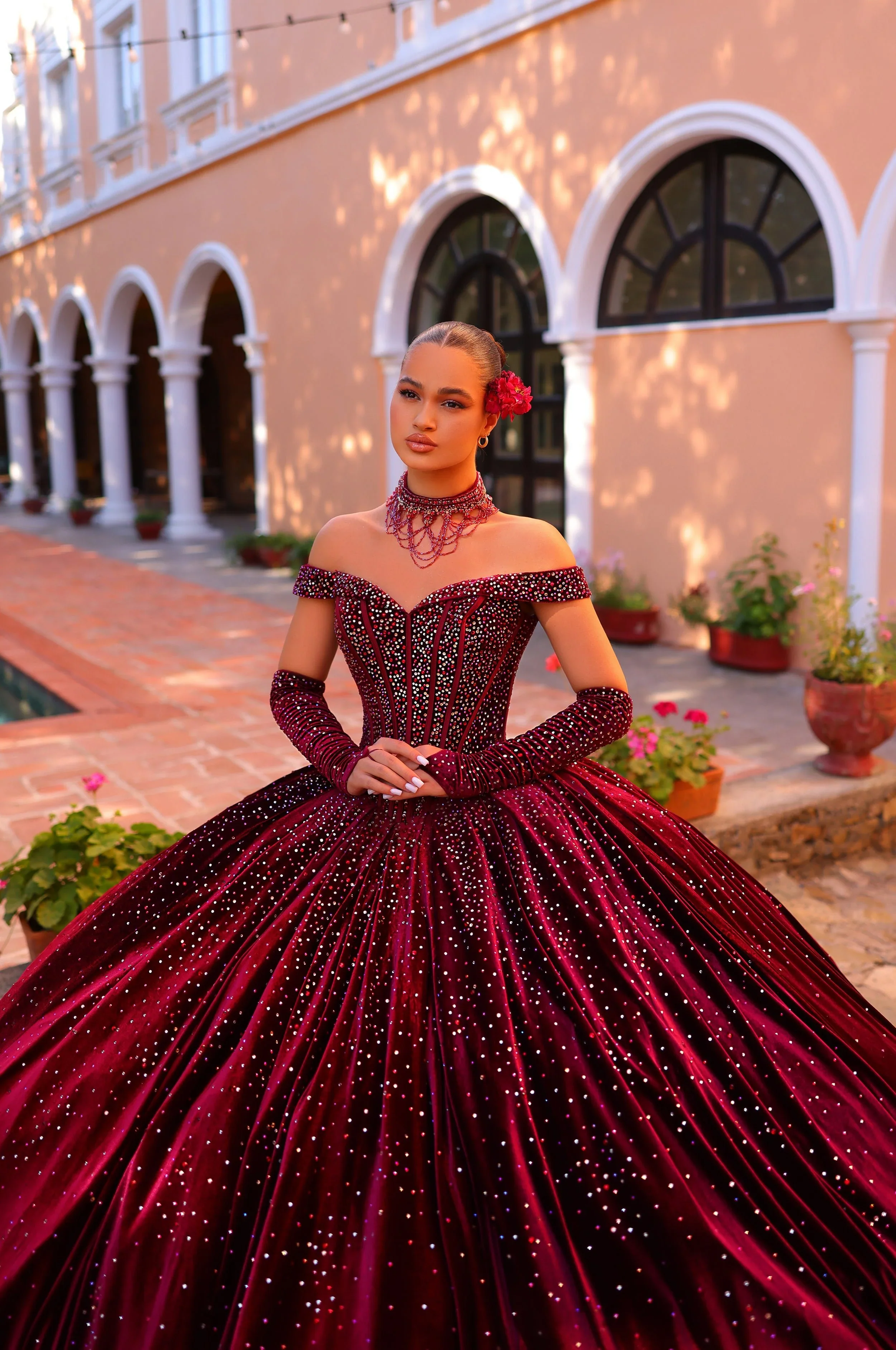 Amarra 54257 Quinceanera Dress Velvet Gloves Ball Gown Crystal Corset Necklace off the shoulder - Image 6