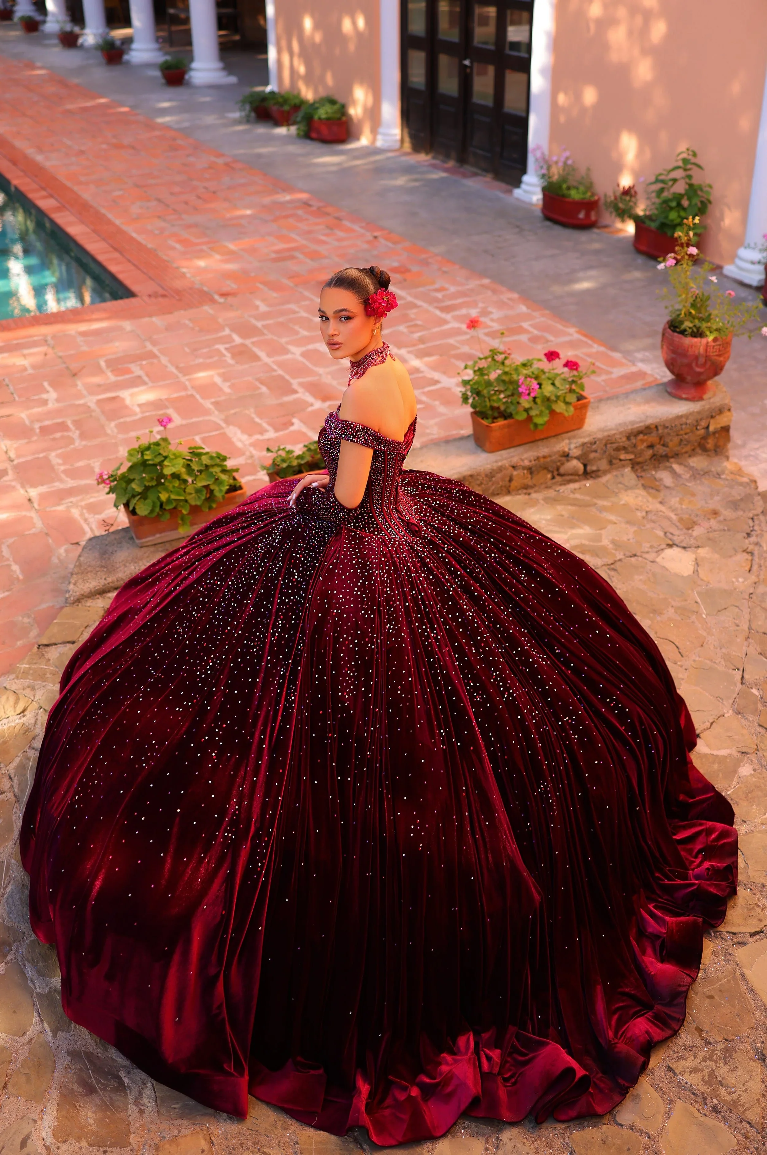 Amarra 54257 Quinceanera Dress Velvet Gloves Ball Gown Crystal Corset Necklace off the shoulder - Image 8