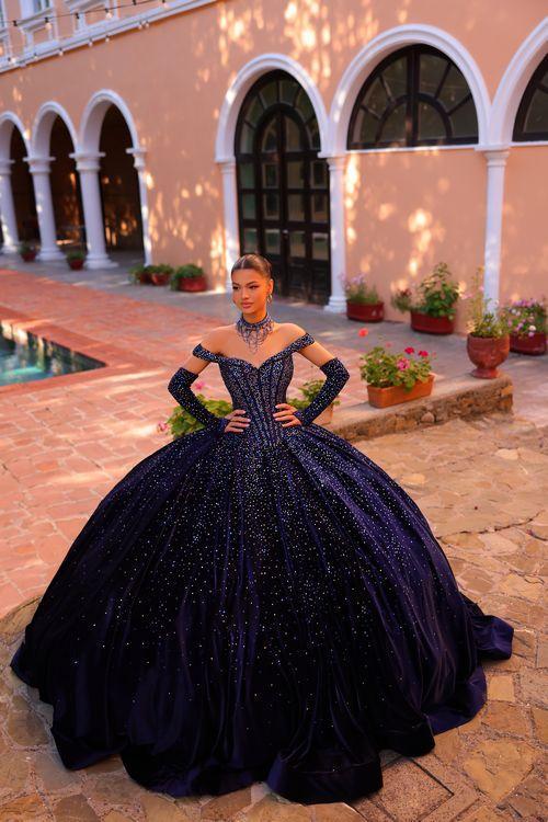 Amarra 54257 Quinceanera Dress Velvet Gloves Ball Gown Crystal Corset Necklace off the shoulder - Image 9