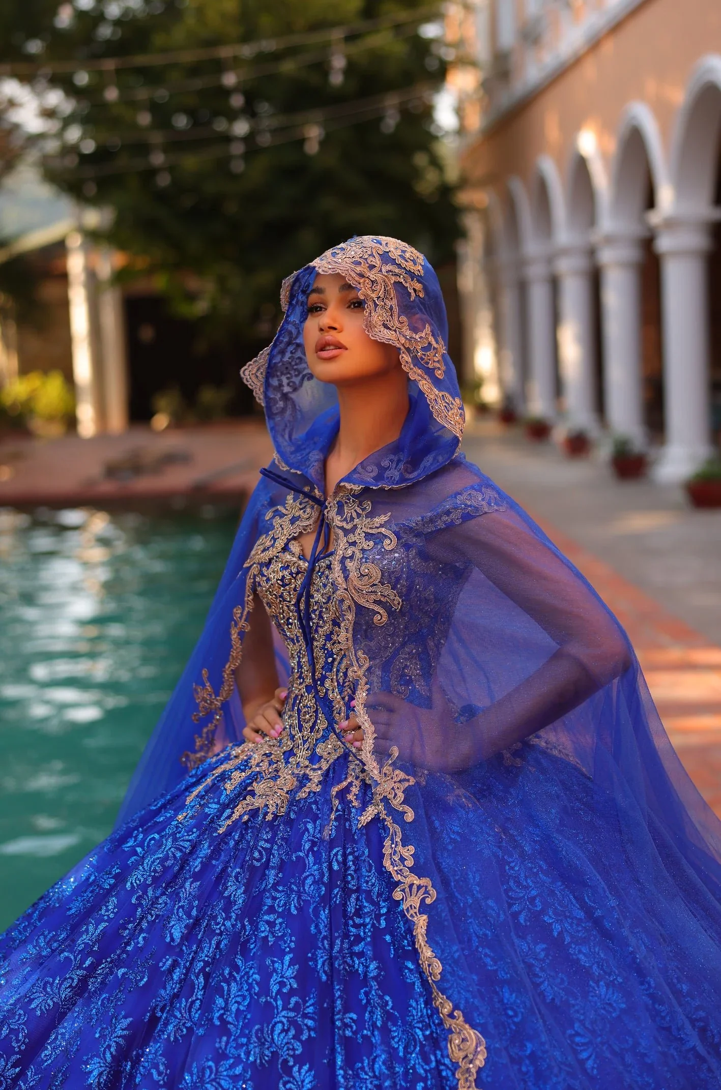 Amarra 54324 Quinceanera Dress Glitter Hooded Cape Corset Party Ball Gown Train Bow - Image 3
