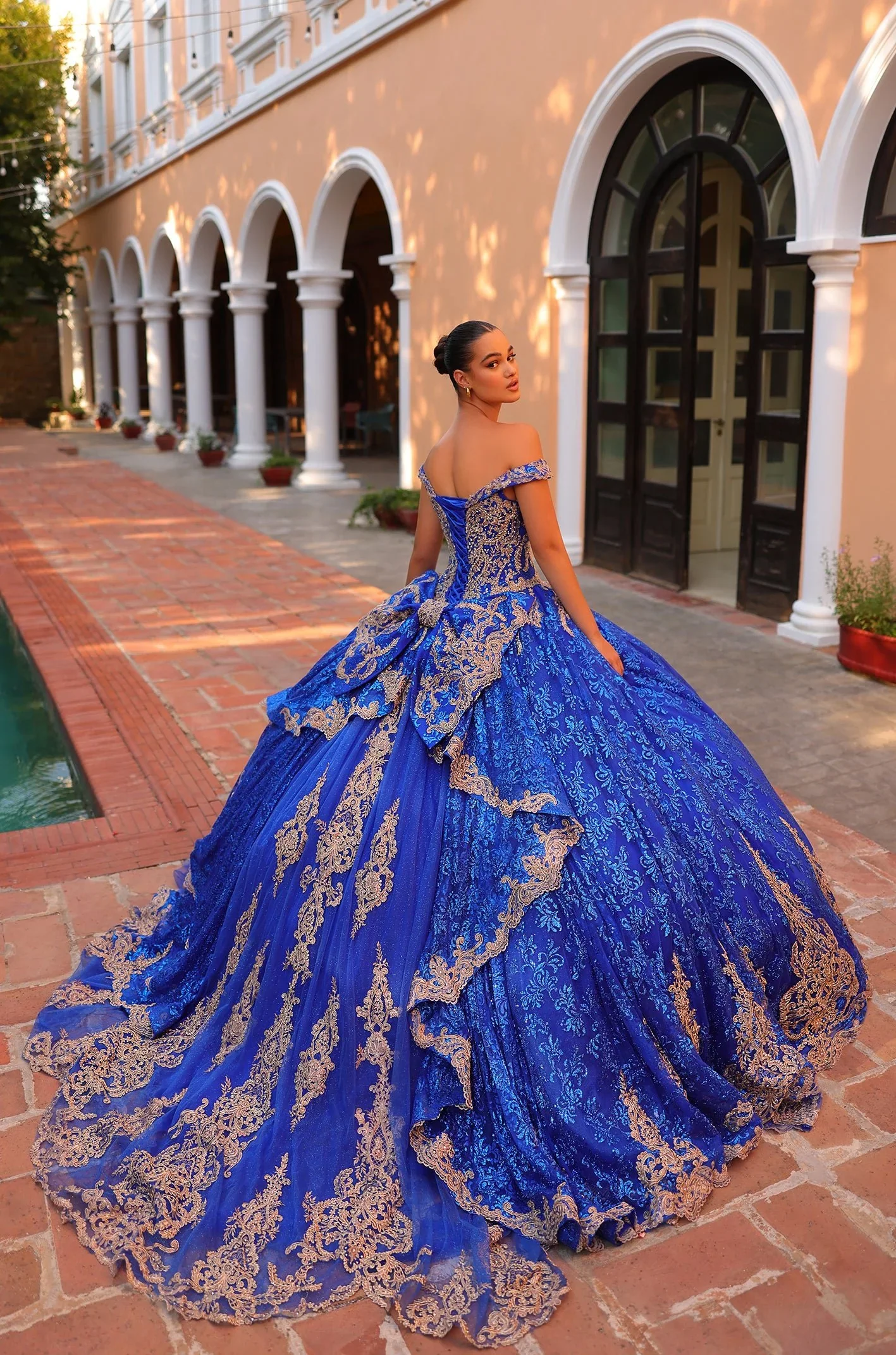 Amarra 54324 Quinceanera Dress Glitter Hooded Cape Corset Party Ball Gown Train Bow - Image 5