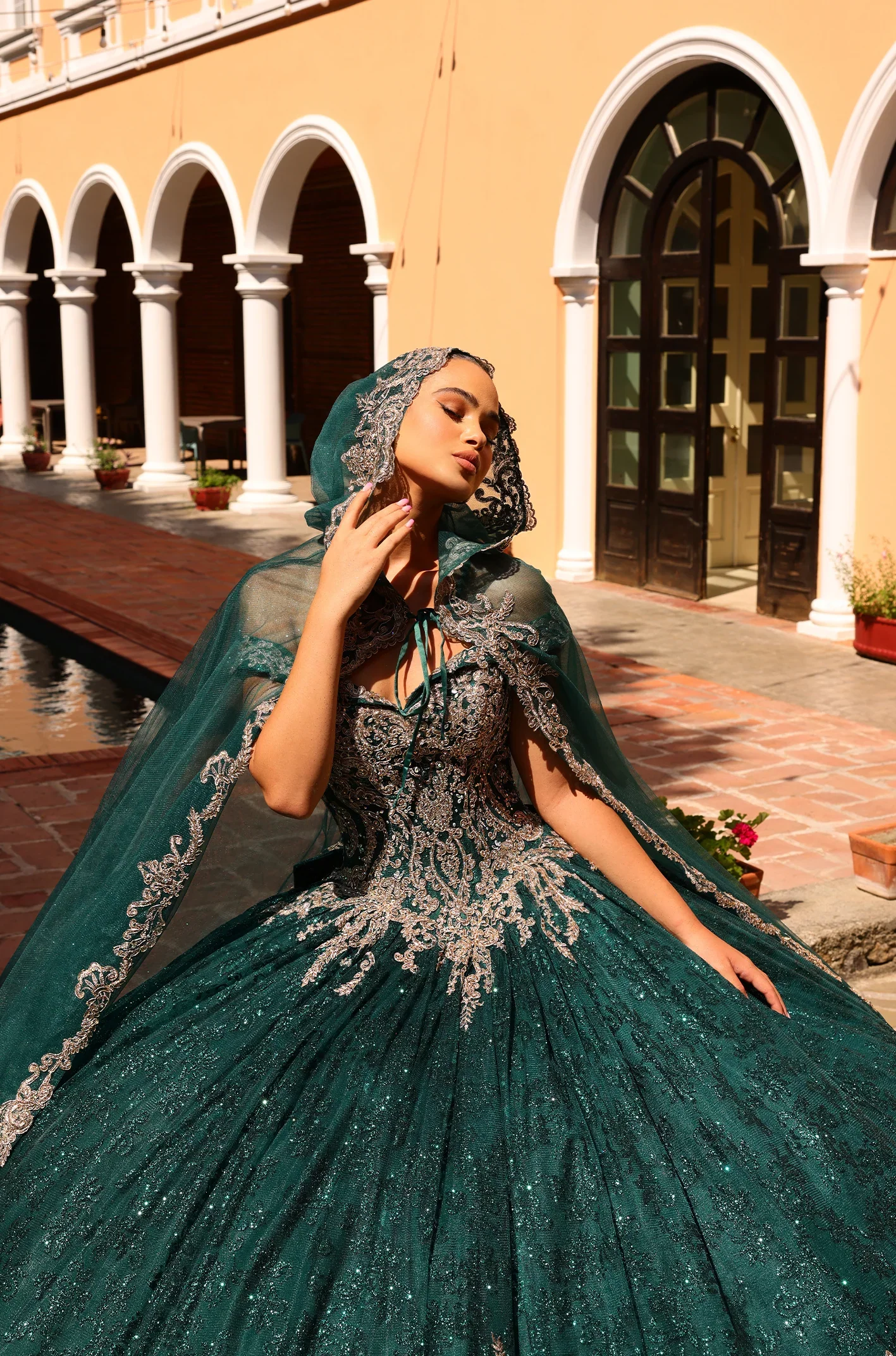 Amarra 54324 Quinceanera Dress Glitter Hooded Cape Corset Party Ball Gown Train Bow - Image 6