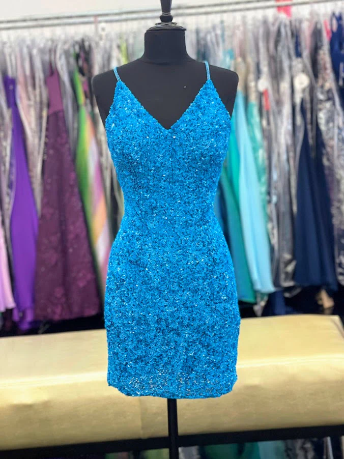 Amarra 87427 Size 4 Ocean Blue Cocktail Dress Short Fitted Sequin Backless Homecoming Dress Formal