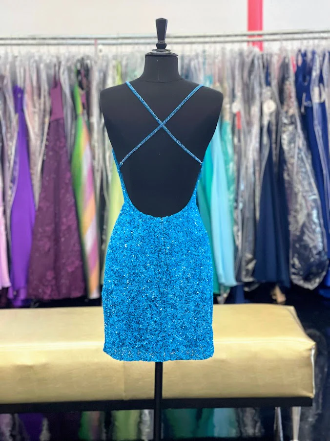 Amarra 87427 Size 4 Ocean Blue Cocktail Dress Short Fitted Sequin Backless Homecoming Dress Formal - Image 2