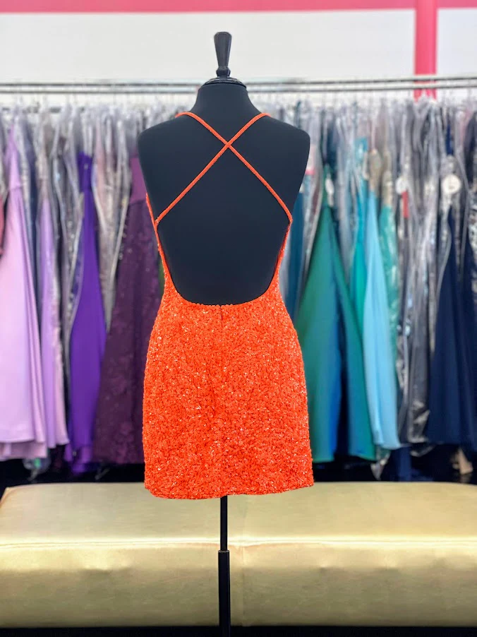 Amarra 87427 Size 10 Neon Orange Short Fitted Sequin Backless Homecoming Dress Formal Cocktail Dress - Image 2