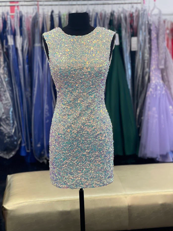Amarra 87432 Size 2, 12 Cotton Candy Short Fitted Sequin High Neck Backless Modest Homecoming Dress Formal