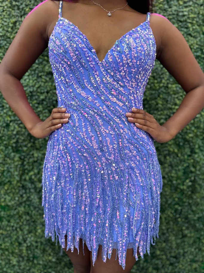 Amarra 88042 Short Beaded Fringe Homecoming Dress Sequin Cocktail Dress V Neck Formal - Image 14