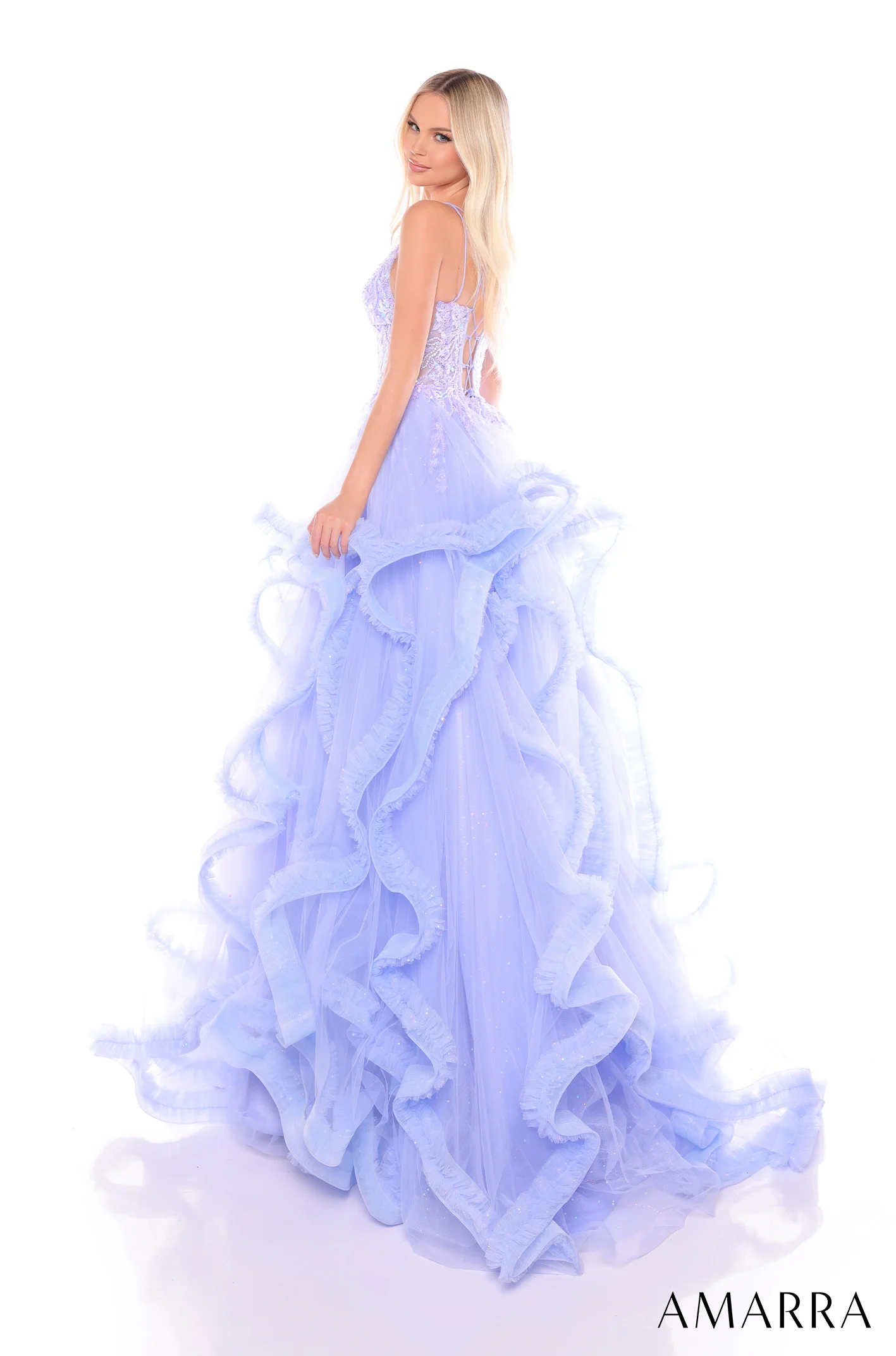 Amarra 88094 V-neckline prom ballgown fitted bodice cascading tulle skirt - Image 5