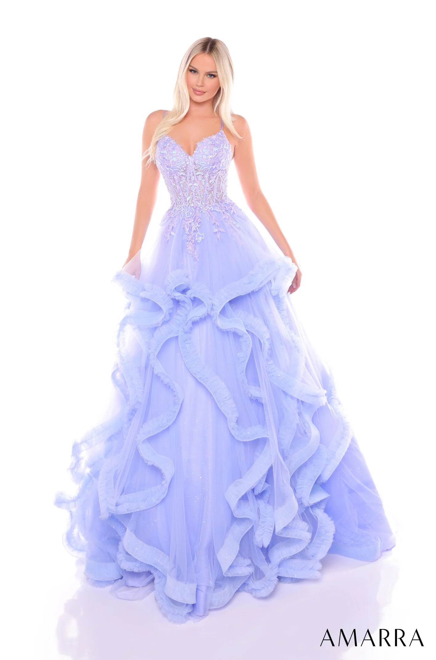Amarra 88094 V-neckline prom ballgown fitted bodice cascading tulle skirt - Image 6