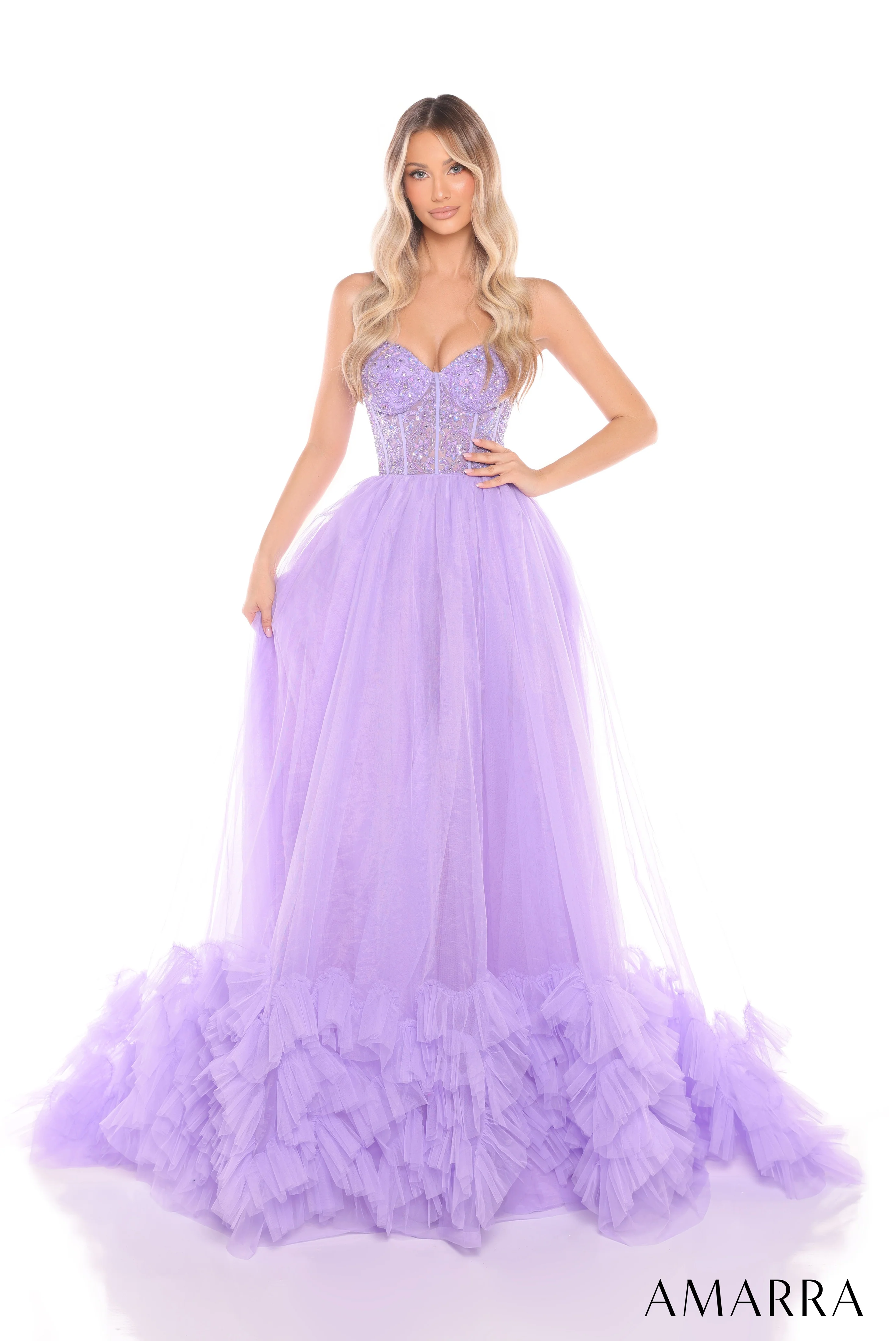 Amarra 88339 Size 8 Lilac Sheer Beaded Corset Prom Dress Ballgown Layer Pleated Tulle Pageant Gown